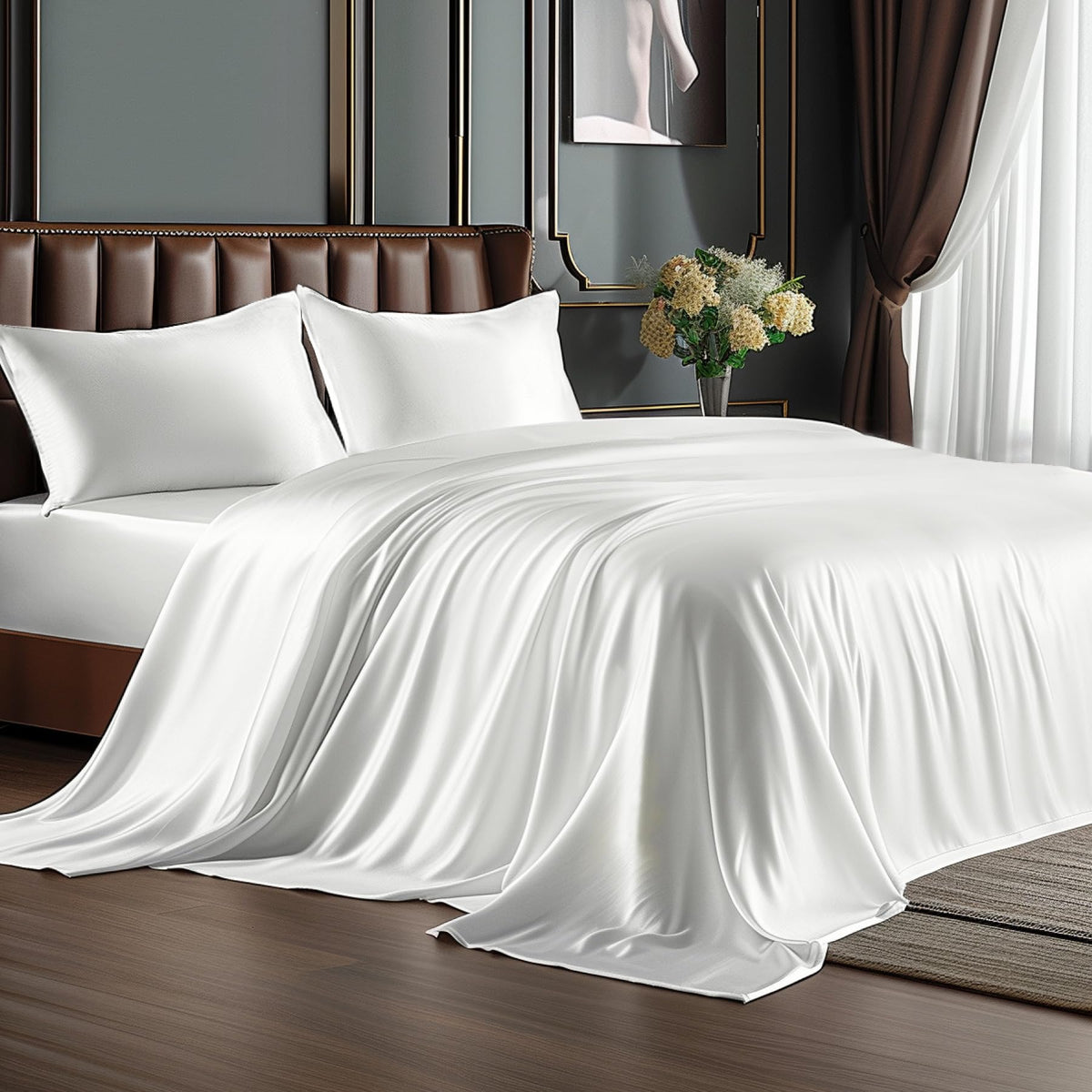 BEDELITE satin sheets queen set fabric close-up showing luxurious sheen and silky softness