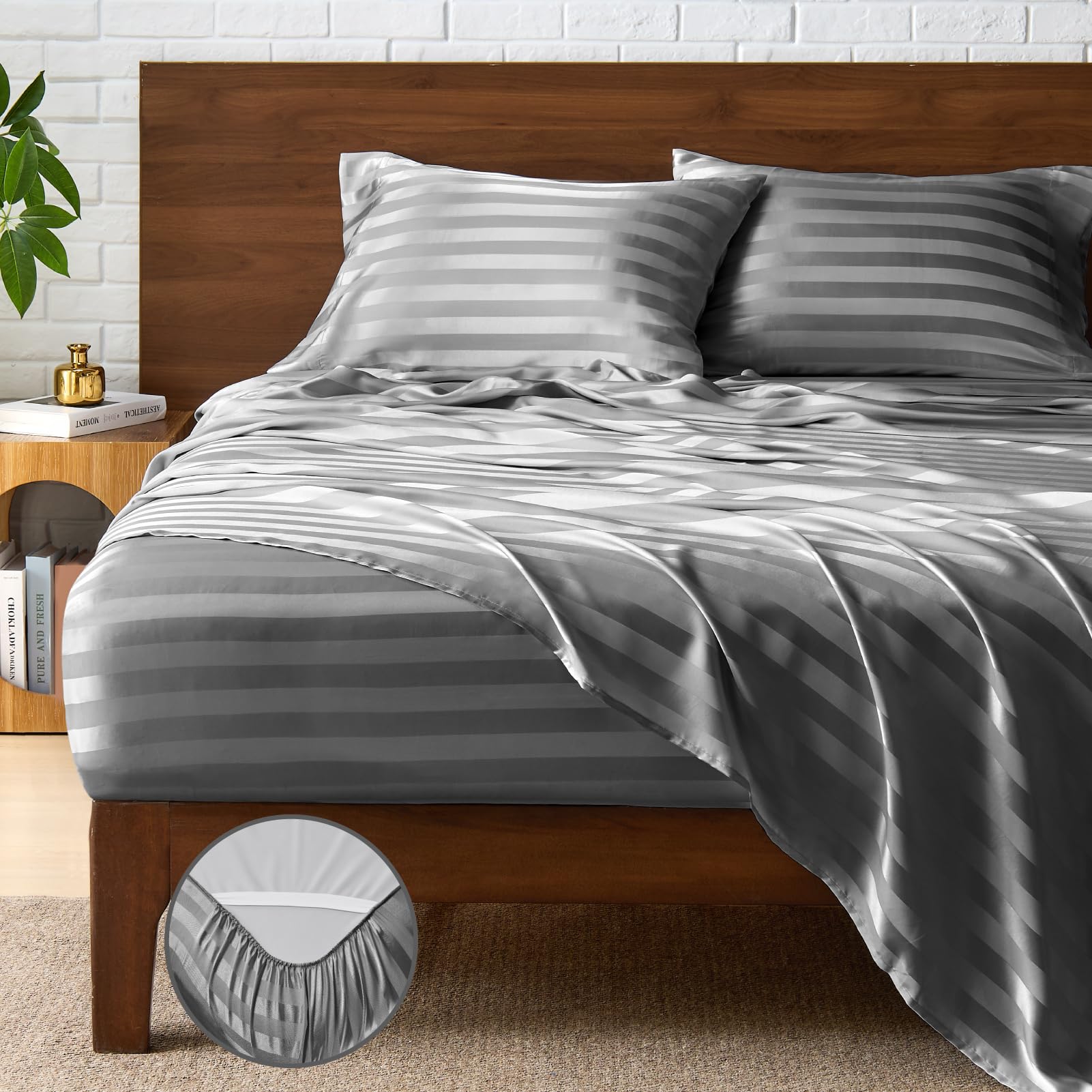 BEDELITE queen striped jacquard satin sheets add refined texture to your bedroom