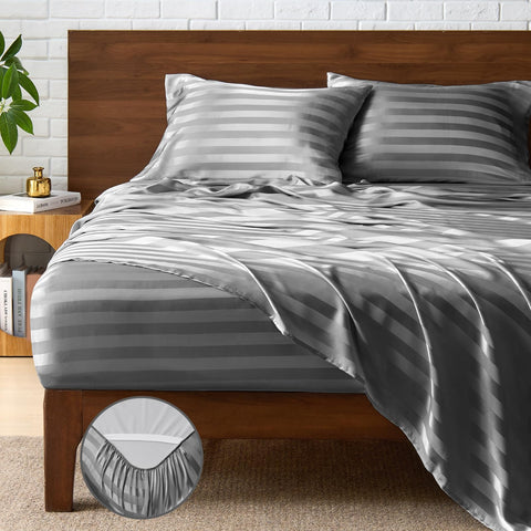 BEDELITE queen striped jacquard satin sheets add refined texture to your bedroom