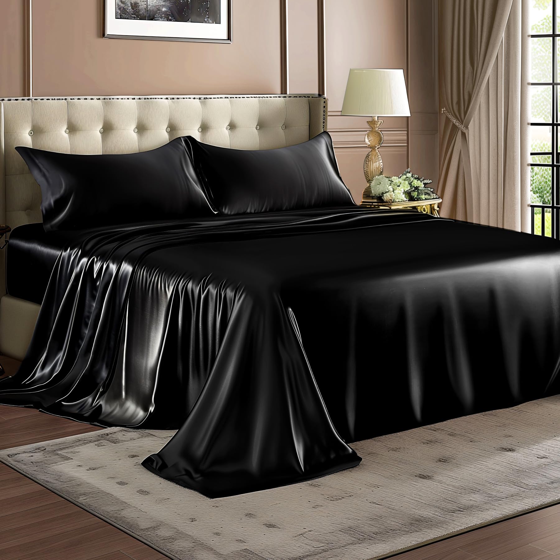 BEDELITE satin sheets on bed showcase silky finish and effortless style.