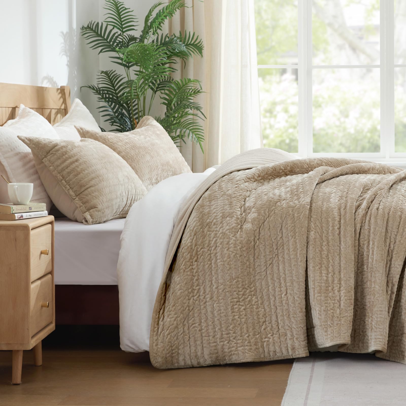 BEDELITE taupe bedroom scene showcases versatile, year-round style in a real-world setup