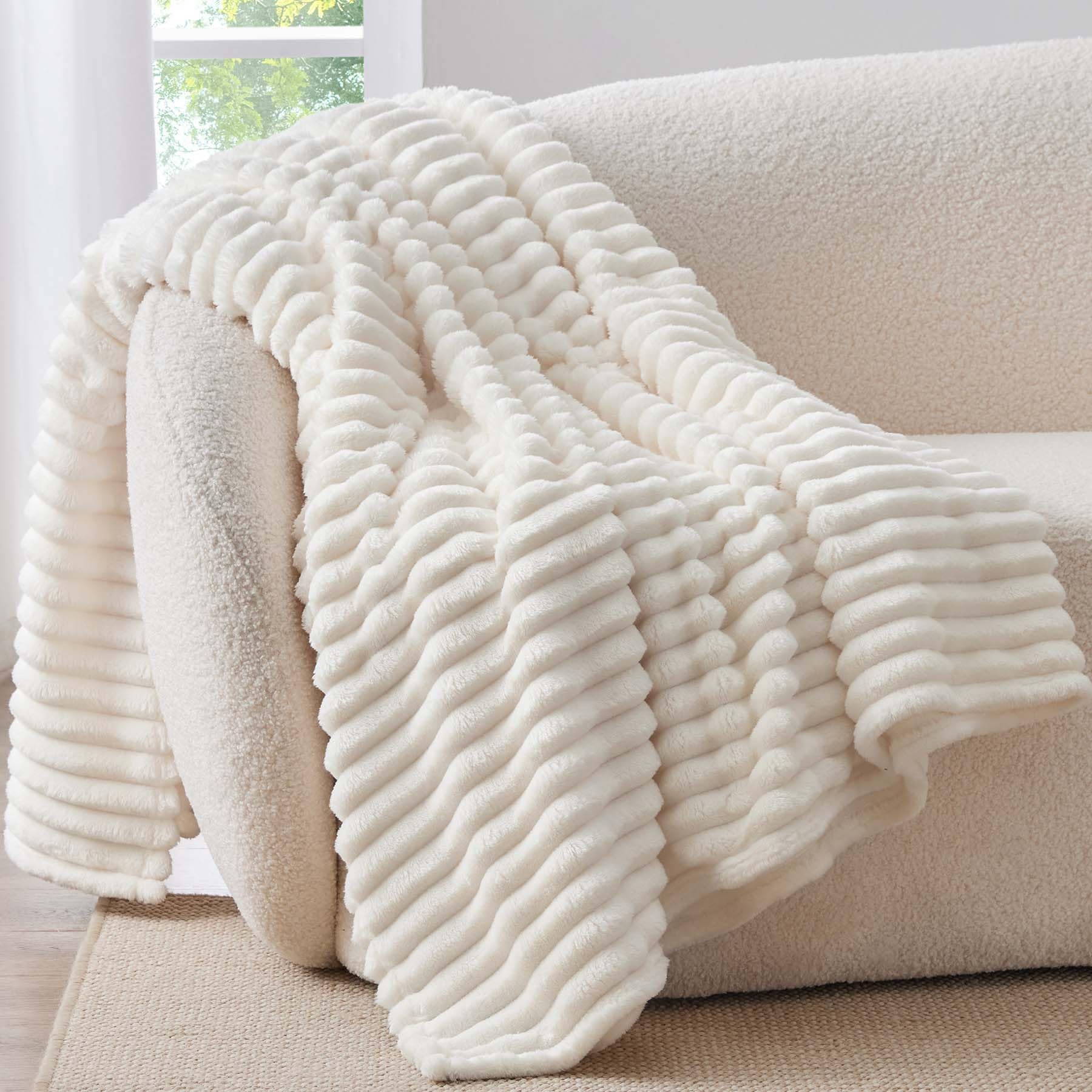 BEDELITE throw blanket cream stripe texture detail highlights warmth and depth.