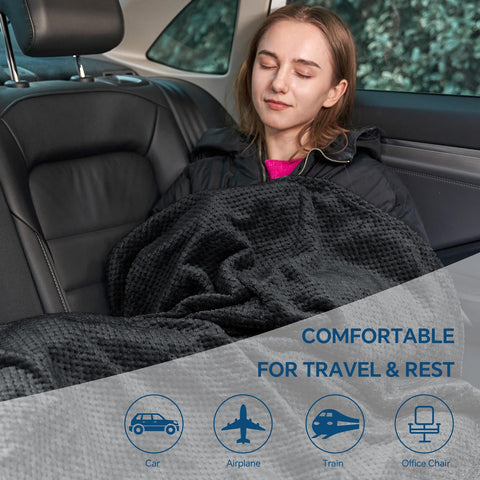 BEDELITE travel blanket on airplane seating offers cozy comfort for fatigue relief.