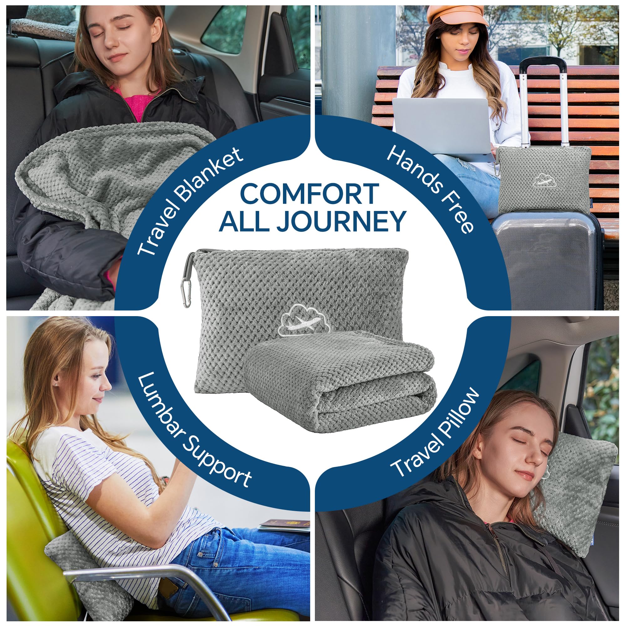 BEDELITE travel blanket clip attaches to a backpack for easy carry