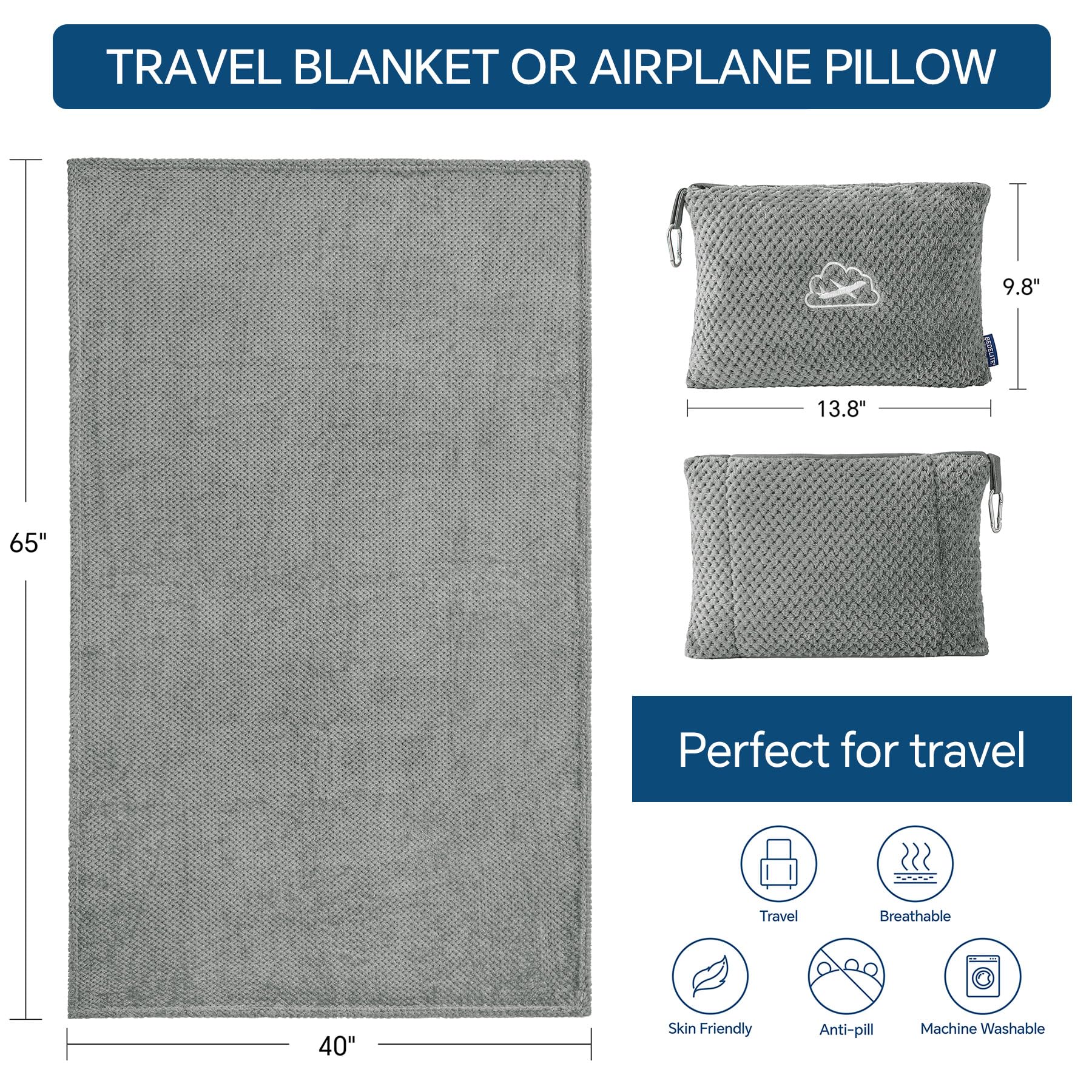 BEDELITE travel blanket folds into a pillow-like shape in its bag