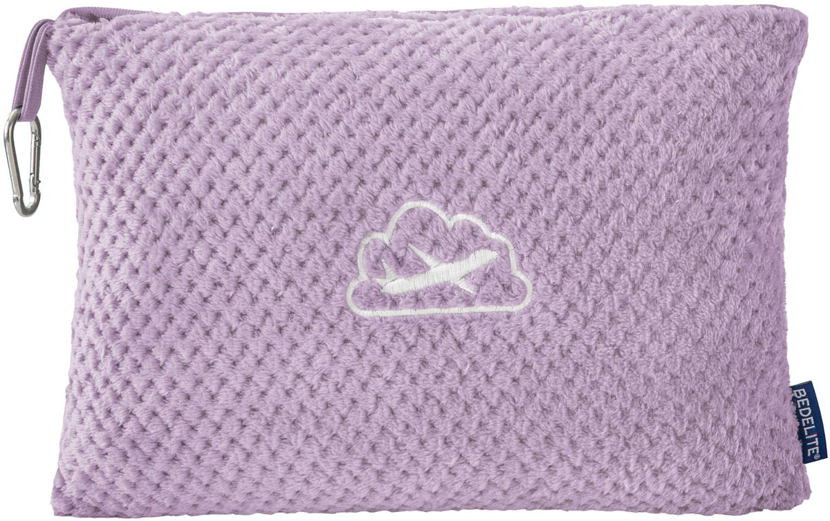 BEDELITE travel blanket in lavender folded in its bag for easy storage.