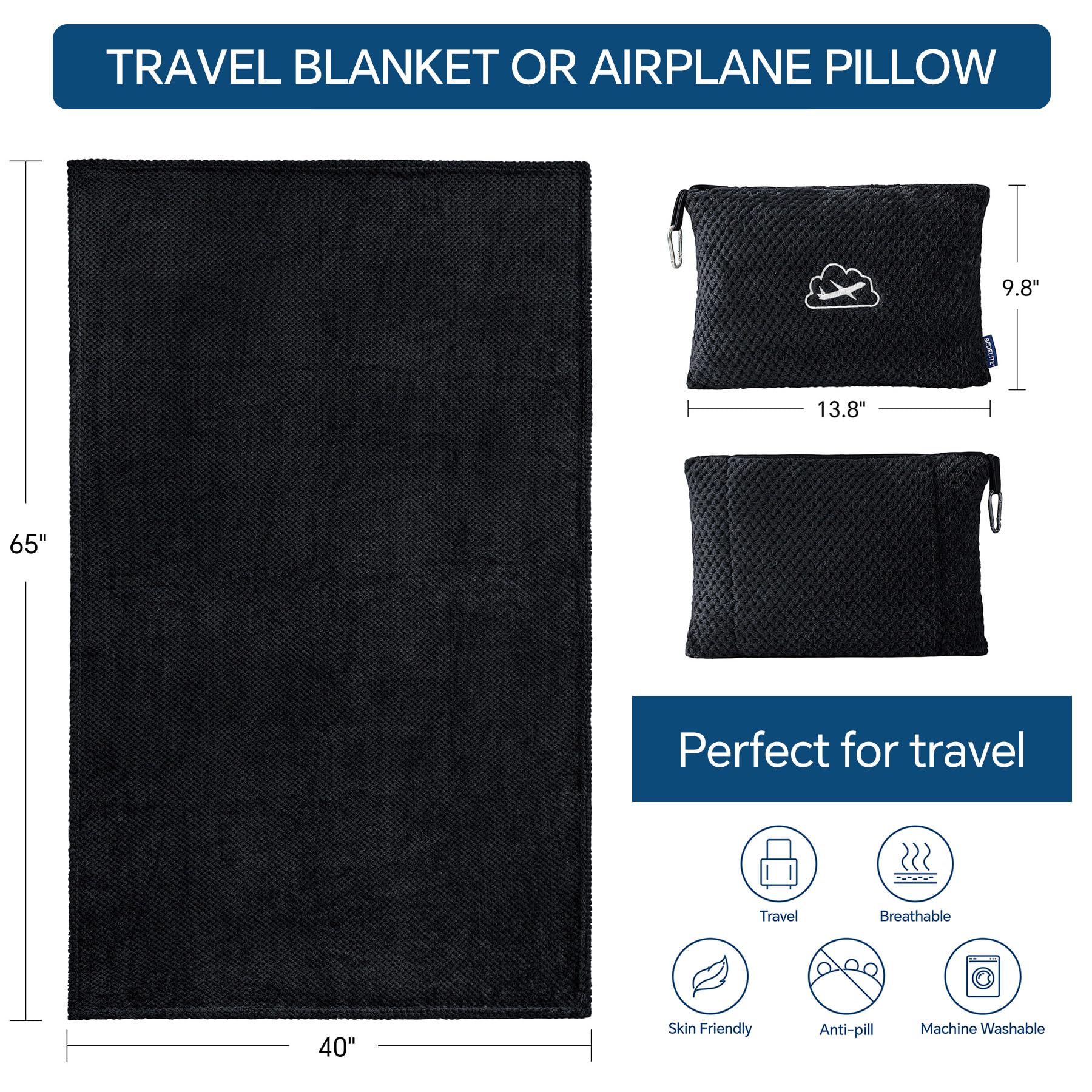 BEDELITE travel blanket's plush microfiber texture delivers soft warmth on planes.