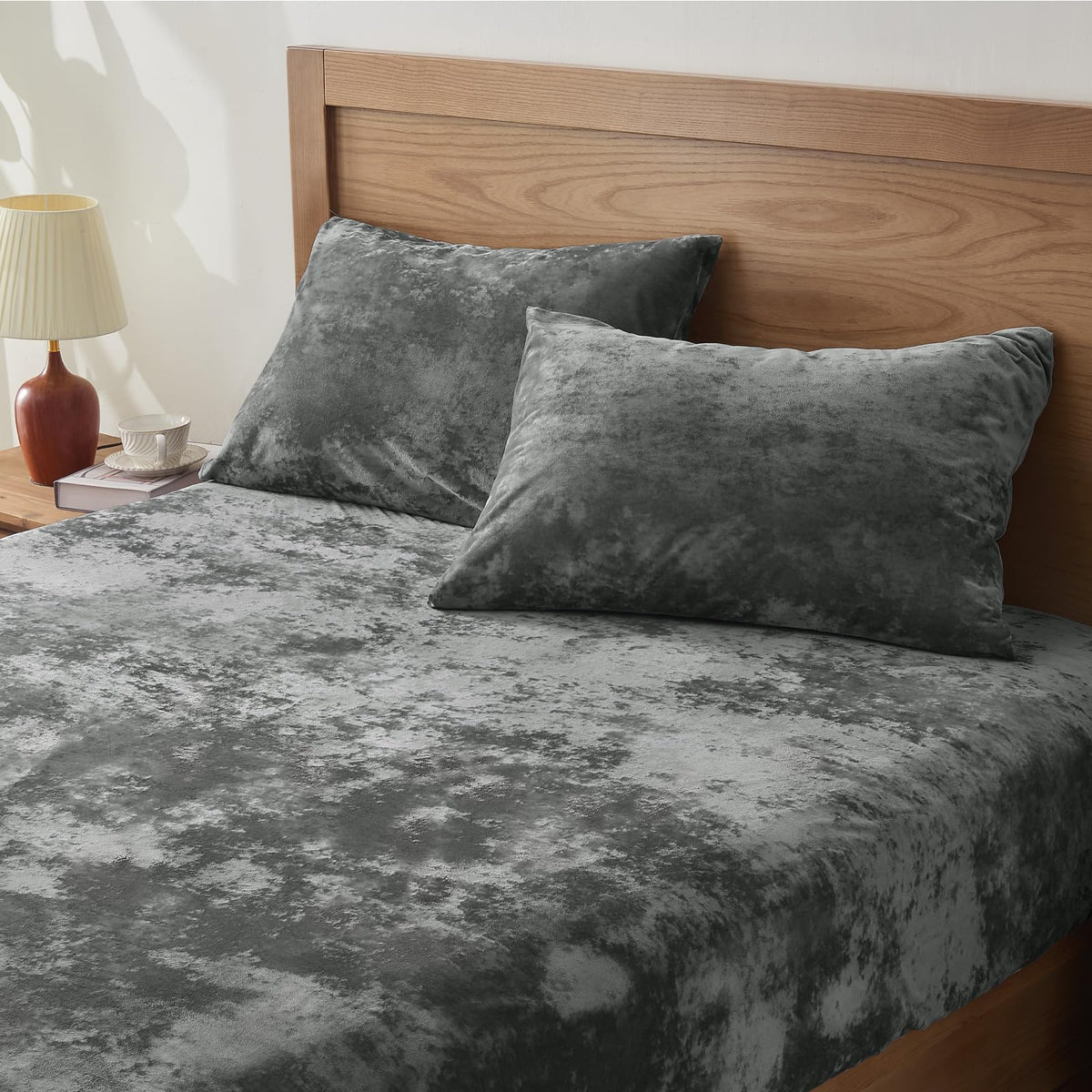 BEDELITE velvet fitted sheet queen gray with deep-pocket fit for secure mattress grip