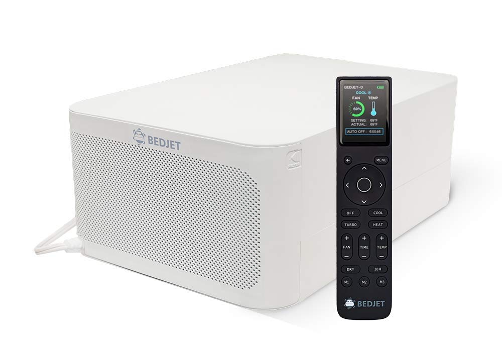 BedJet 3 unit at bedside delivering quick temperature control for sleepers.