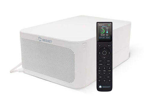 BedJet 3 unit at bedside delivering quick temperature control for sleepers.