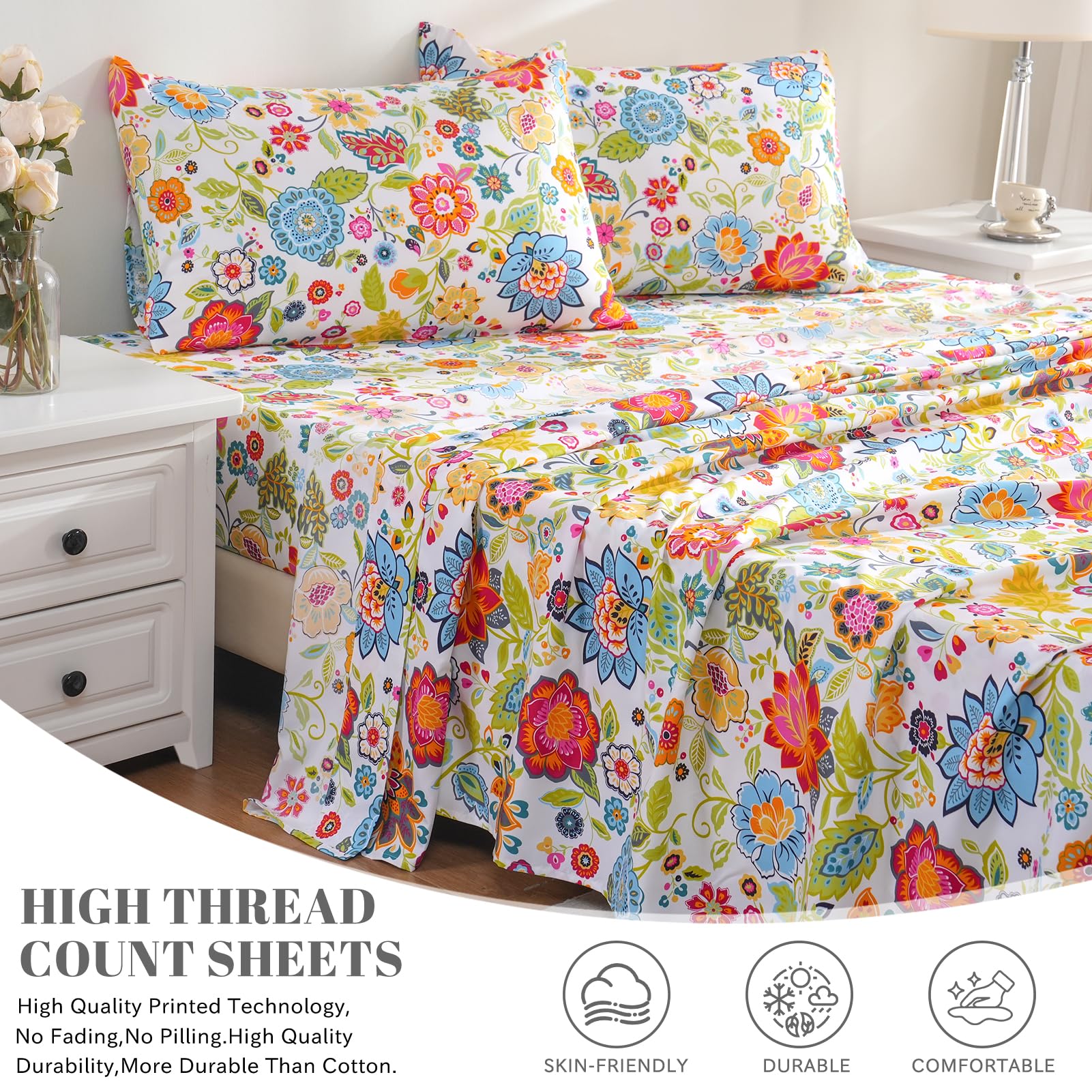Bedlifes floral print close-up highlights vibrant, fade-resistant design for lasting appeal.