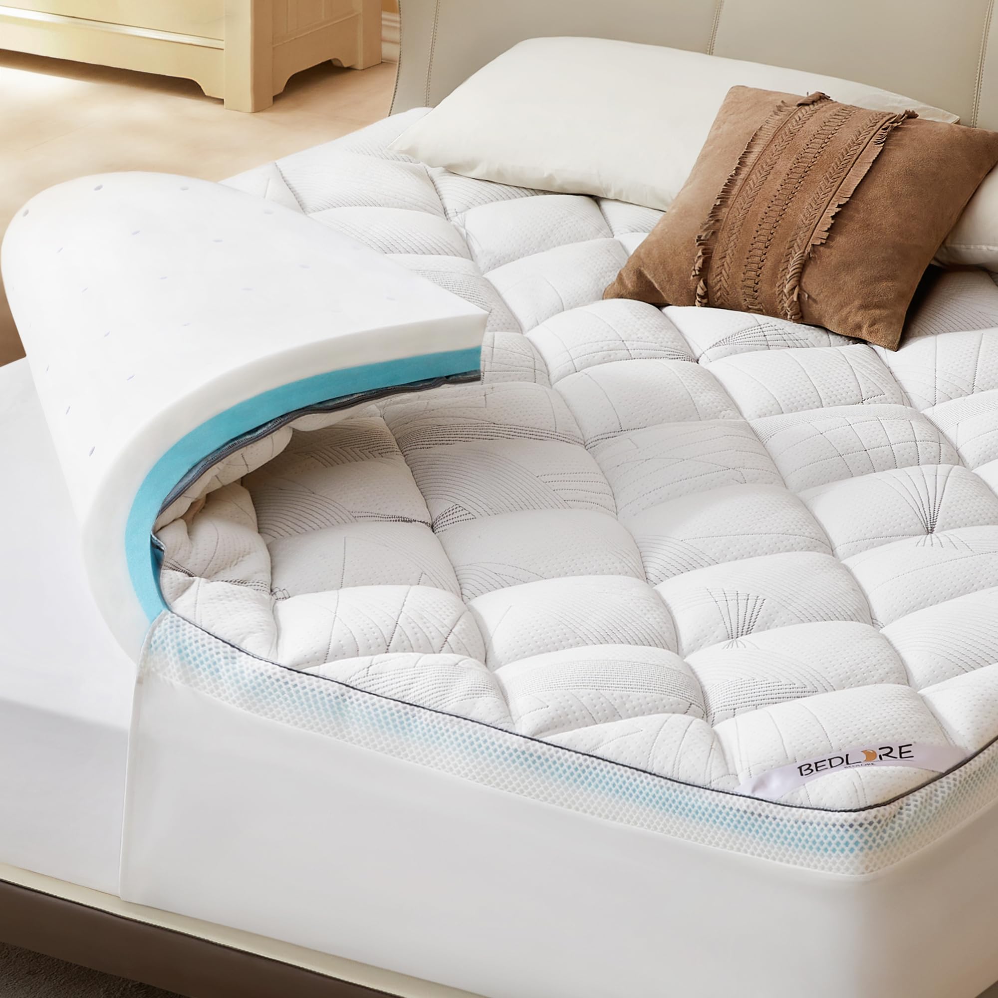 Bedlore 4 inch queen topper with dual layer design for improved support and comfort.