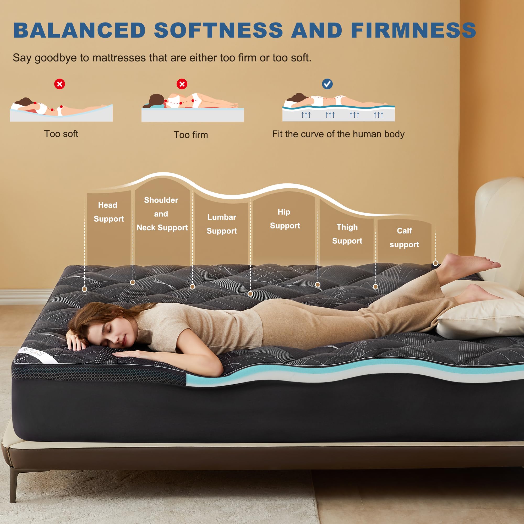 BEDLORE 4-Inch Queen Topper side view demonstrates stable medium support.