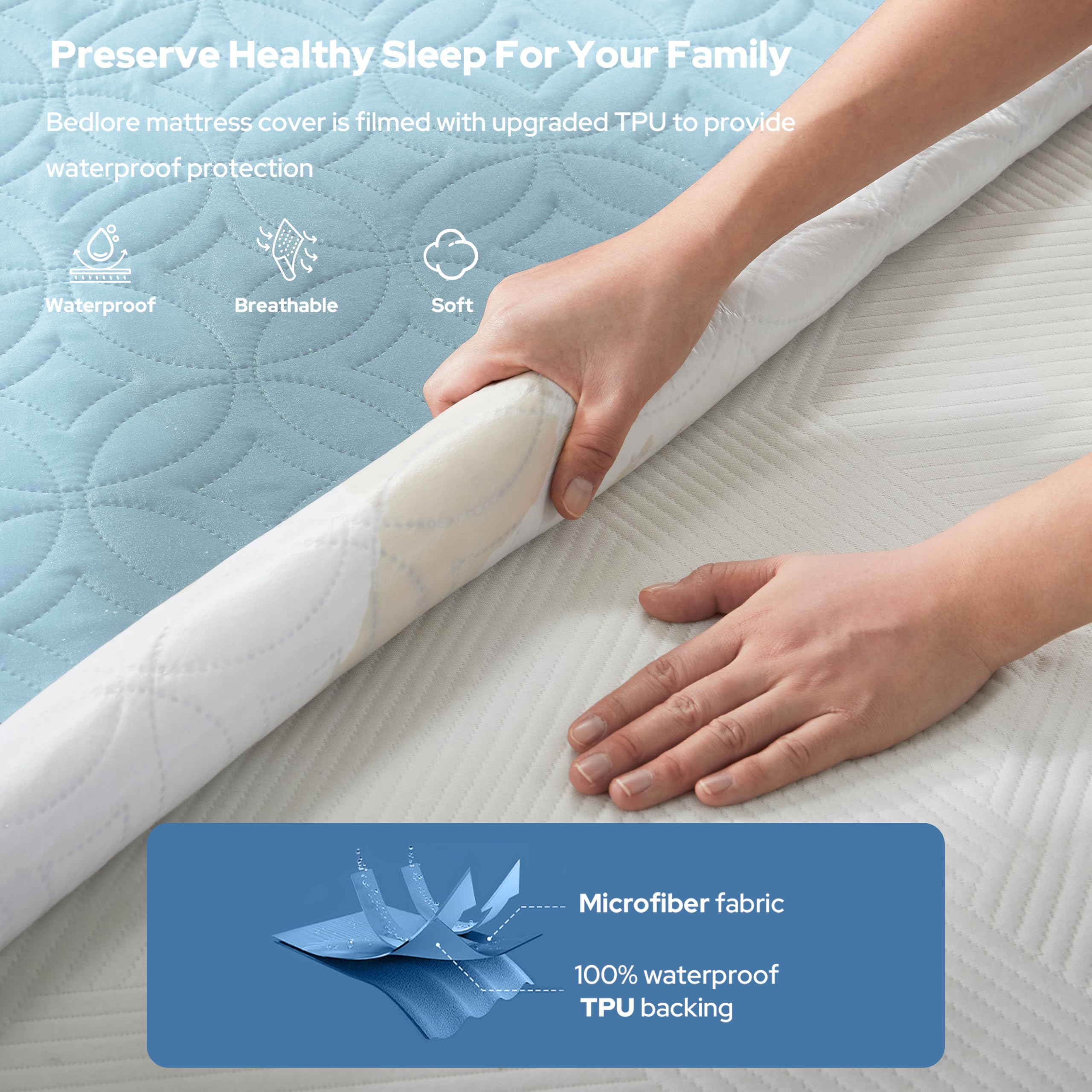 BEDLORE deep-pocket elastic skirt keeps the mattress secure up to 18 inches.
