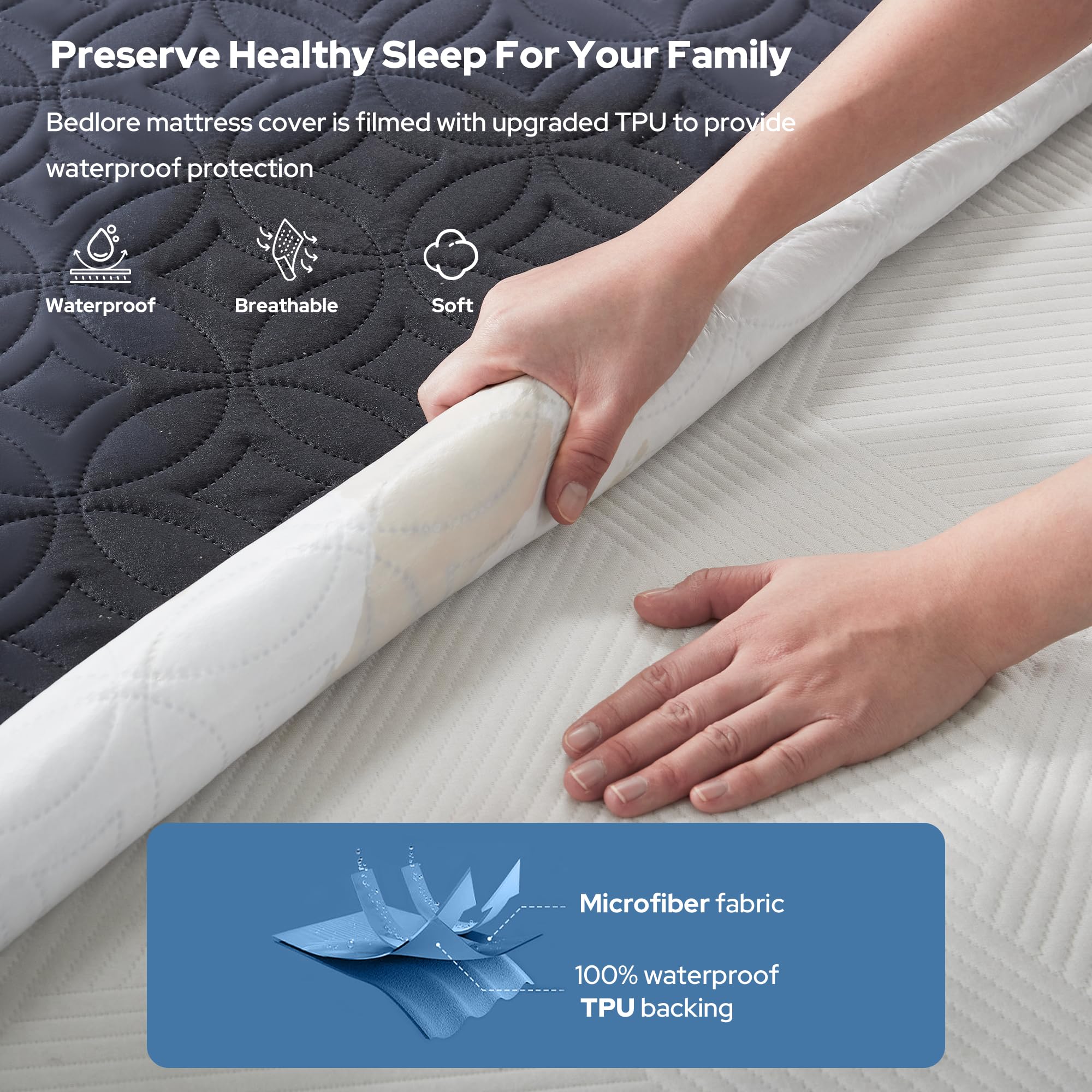 BEDLORE deep-pocket design supports up to 18 inches for snug, slip-free sleep.