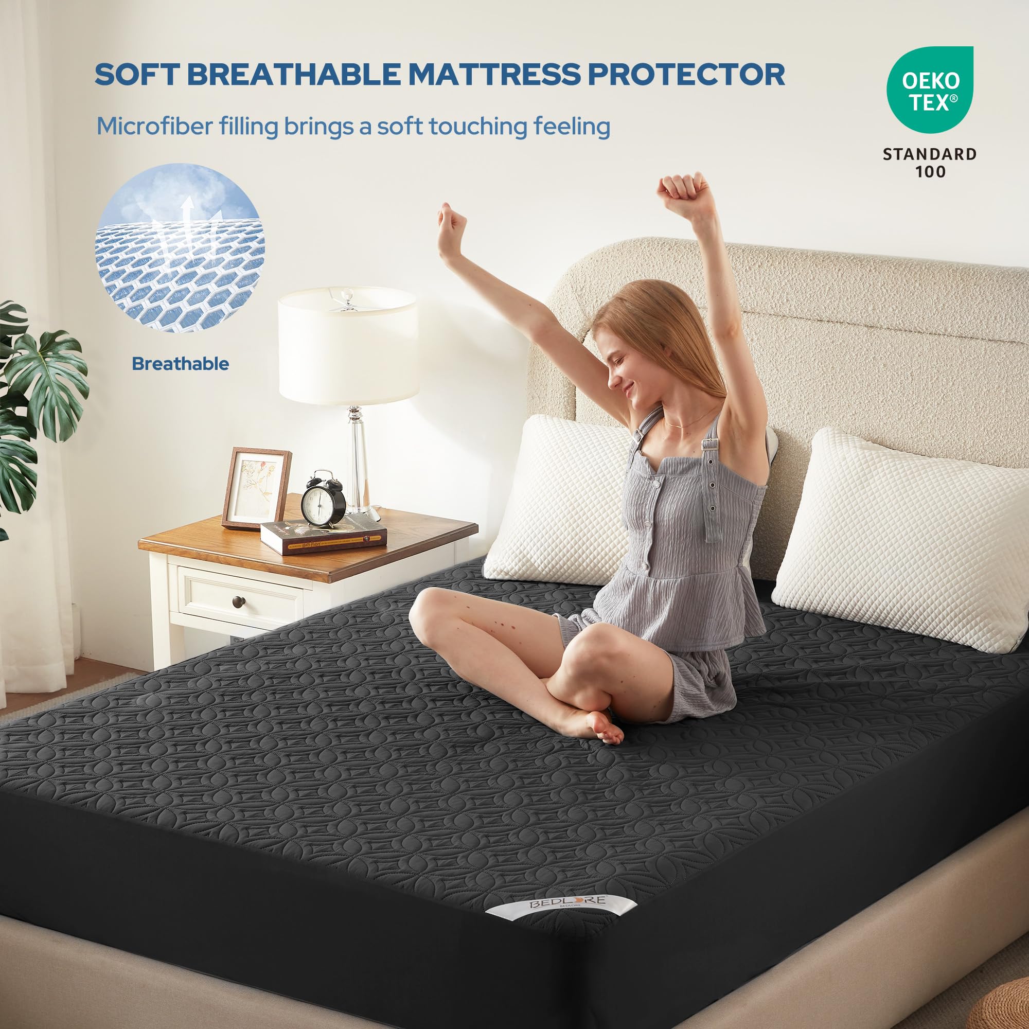 BEDLORE noiseless-soft-fabric delivers quiet, breathable protection for uninterrupted sleep.
