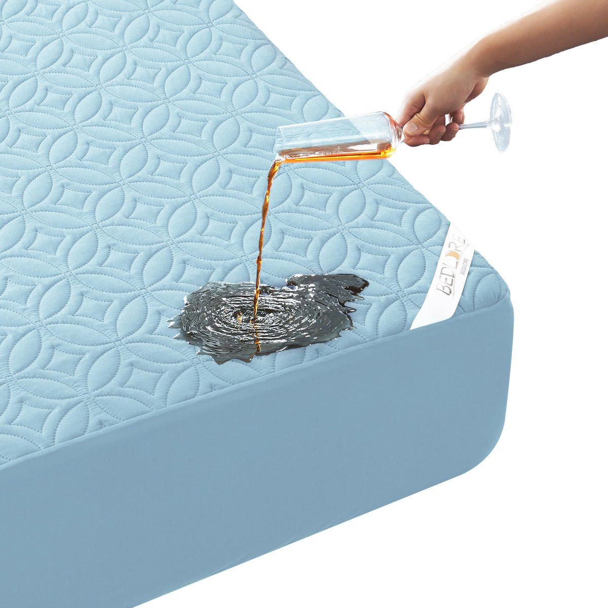 BEDLORE sky blue waterproof mattress protector with quilted cover protects a full bed.