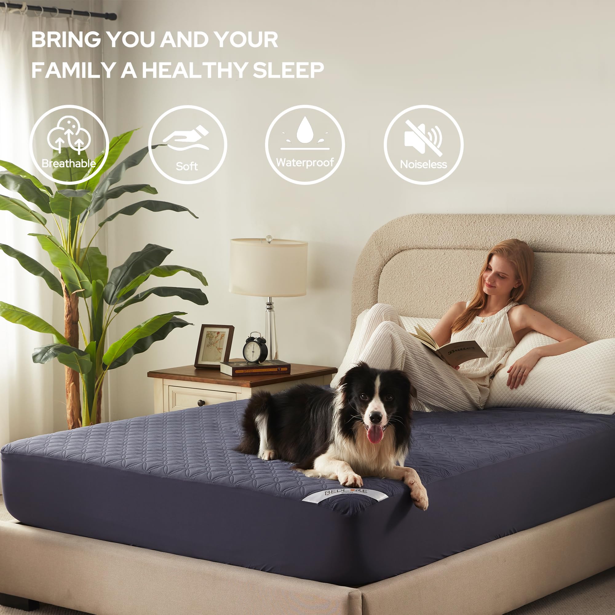 BEDLORE soft microfiber top delivering quiet, comfortable nights on navy protector