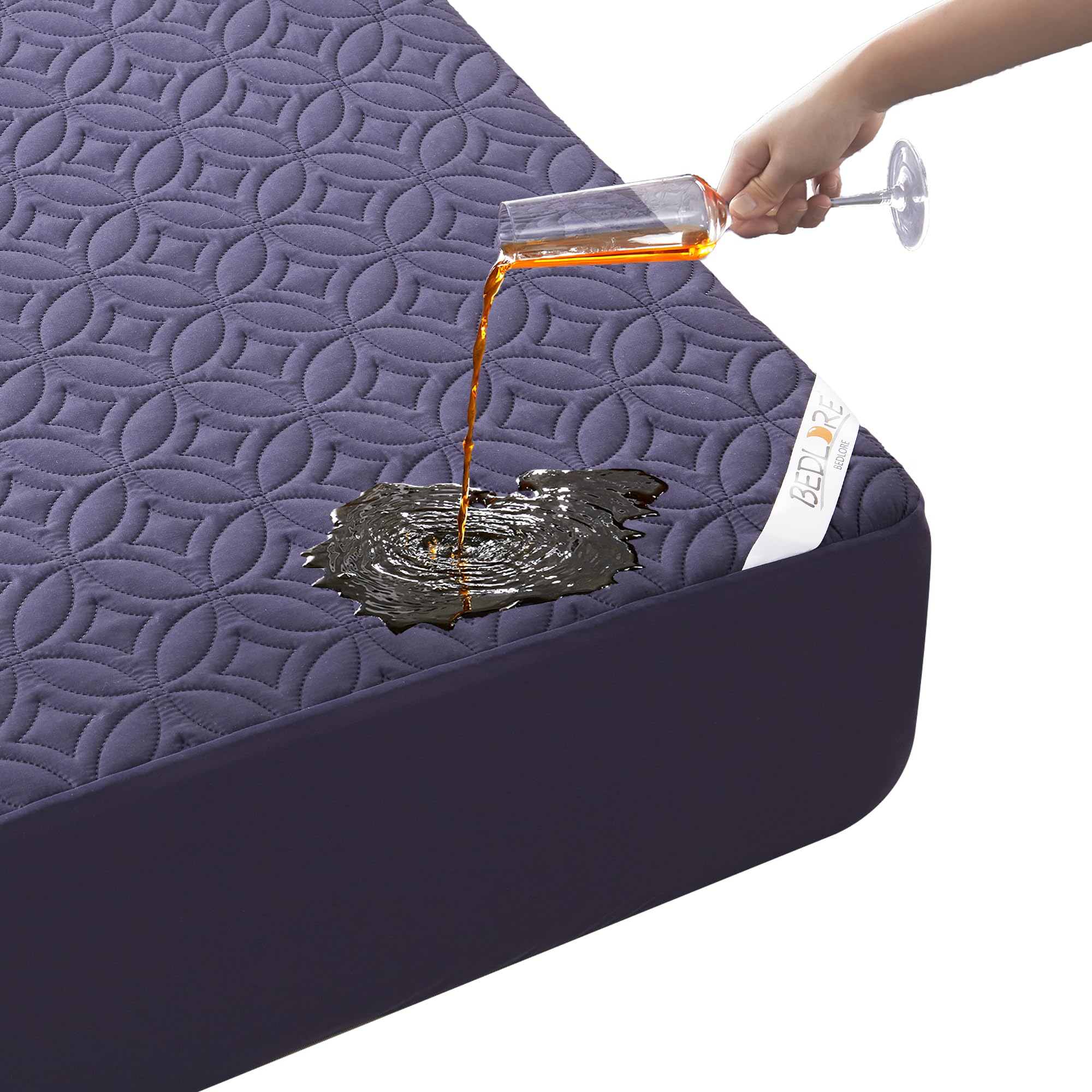 BEDLORE waterproof mattress protector navy showing deep-pocket fit for secure protection.