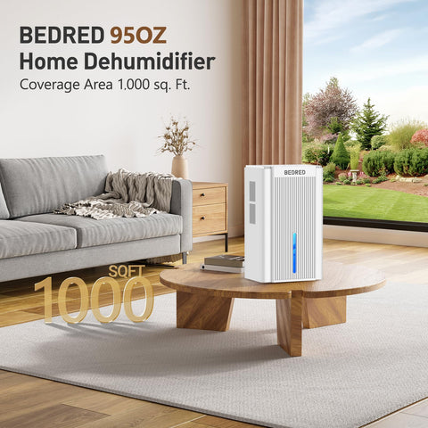 BEDRED 95oz dehumidifier auto shut-off ensures safe operation in basements and kitchens.