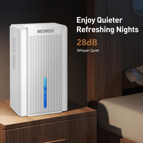 BEDRED 95oz dehumidifier in bedroom setup demonstrates quiet everyday use.
