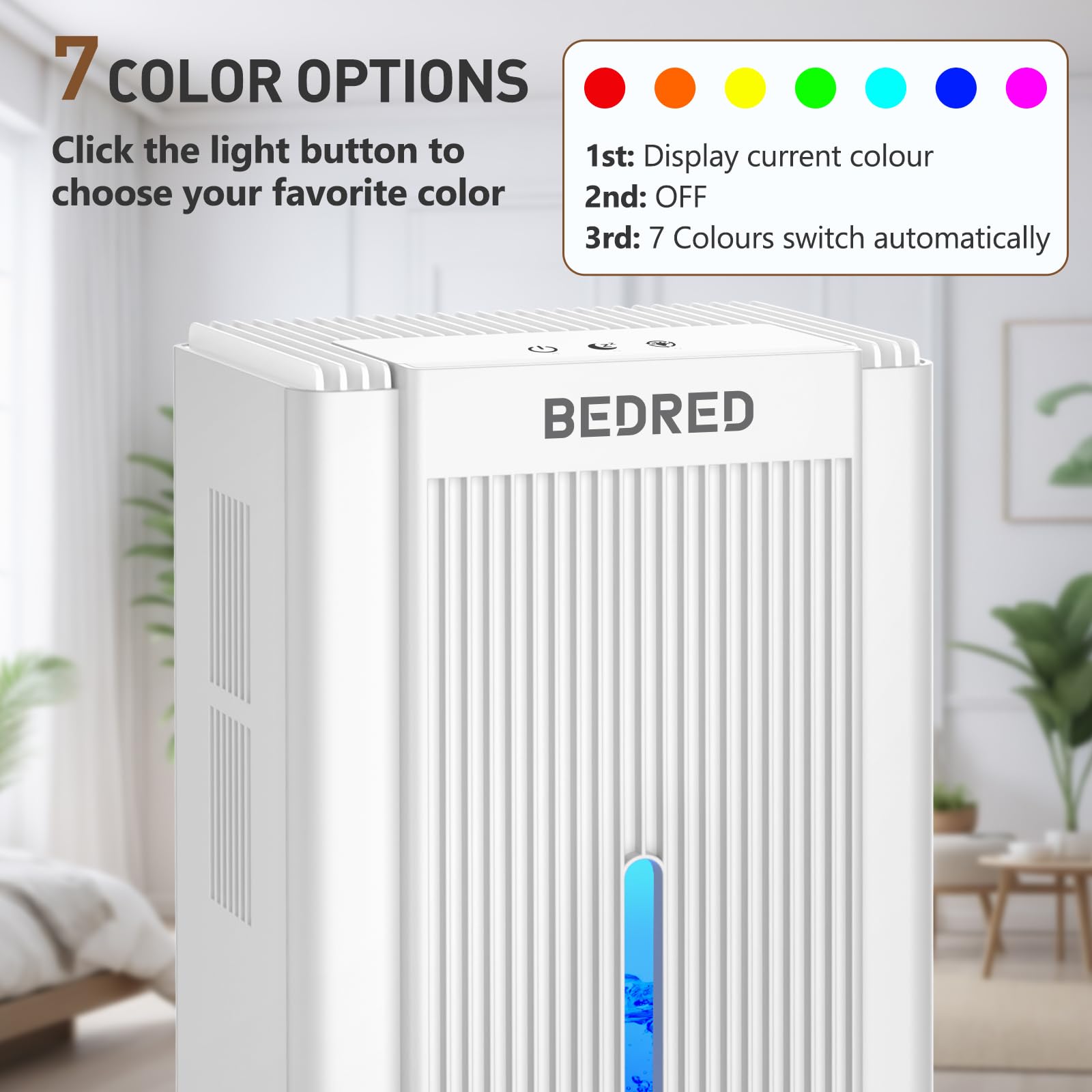 BEDRED 95oz compact design fits bedrooms and small living spaces.