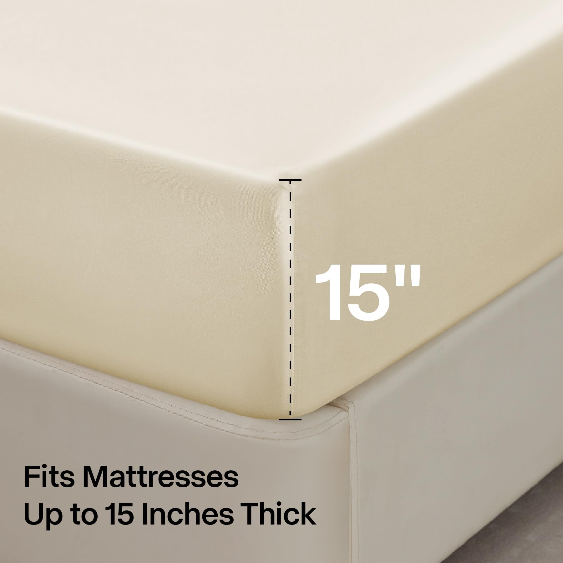 Beige BEDELITE satin sheets add calm luxury to bedroom decor
