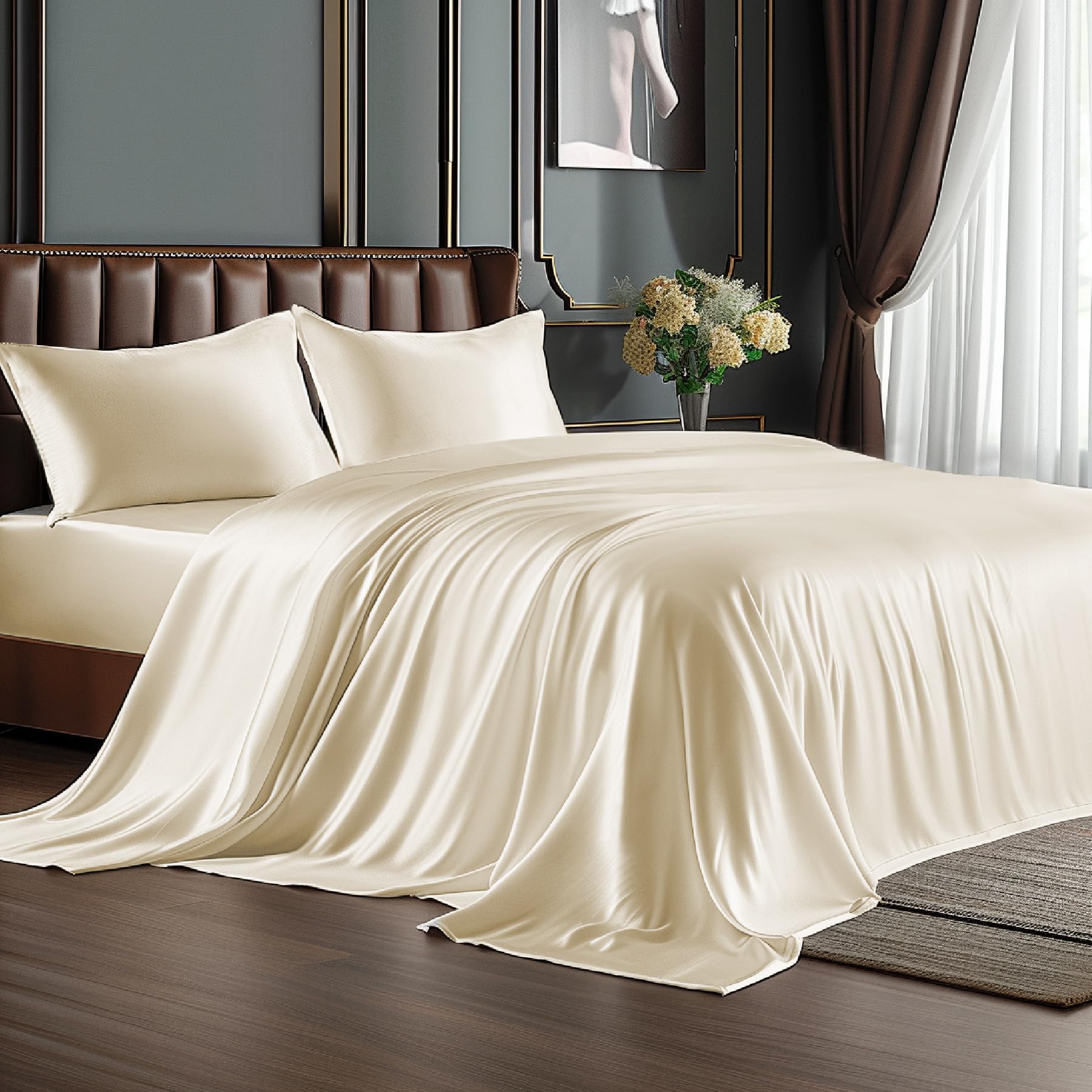 BEDELITE satin sheets beige queen 4-piece set on bed showcasing silky texture