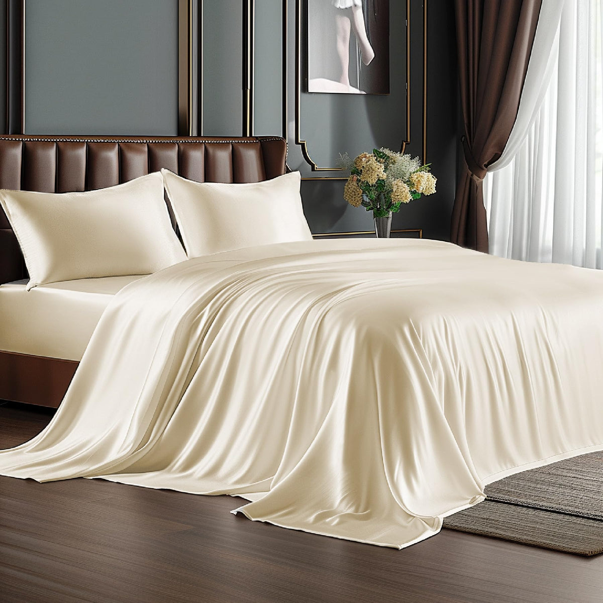 BEDELITE satin sheets beige queen 4-piece set on bed showcasing silky texture