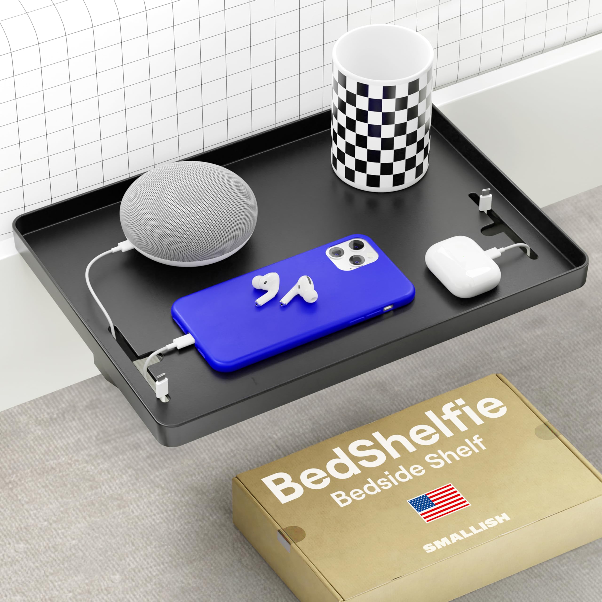 BedShelfie bedside shelf with cablecatch close-up keeps cords neatly organized at the bed.