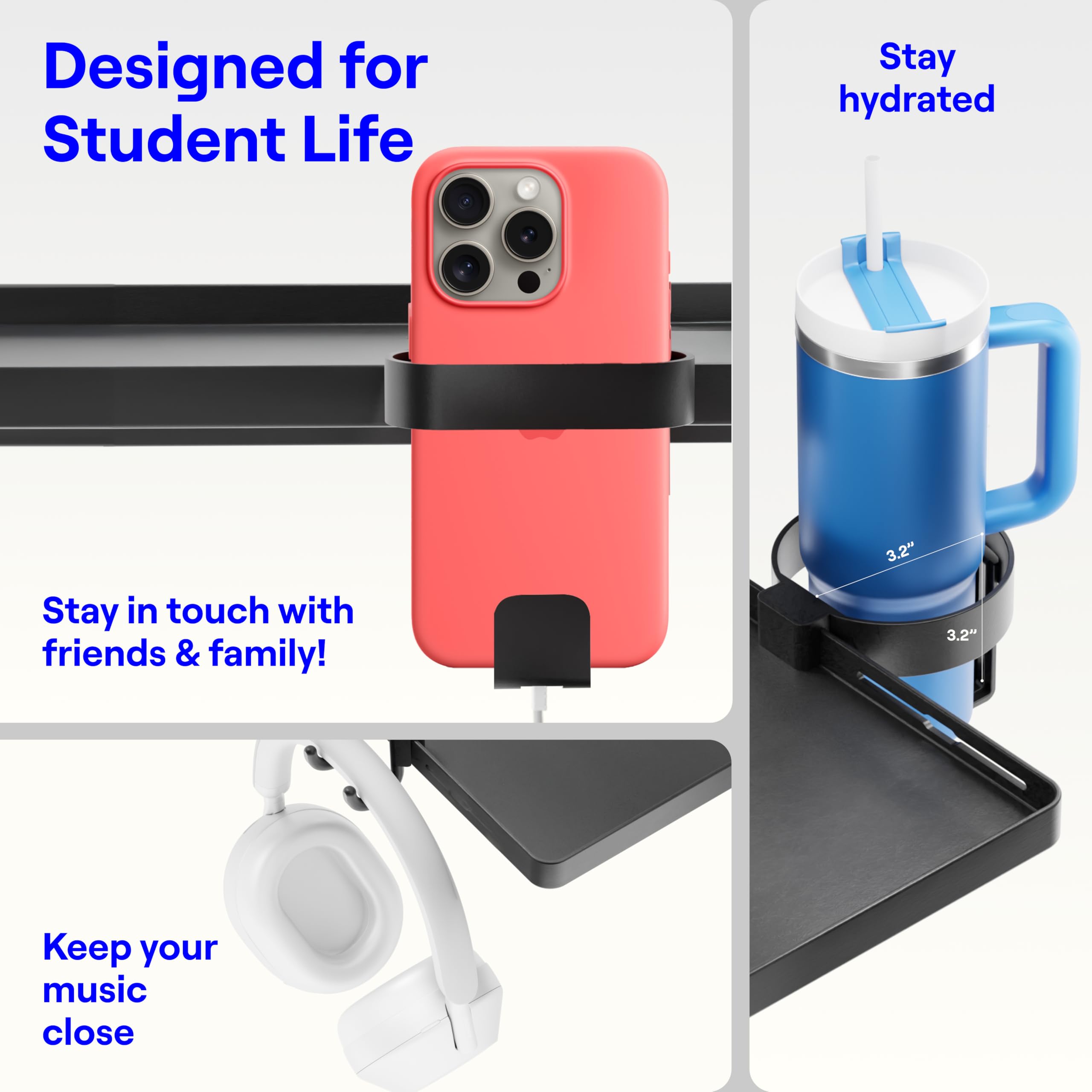 BedShelfie DormEssential clip-on tray saves bedside surface space.