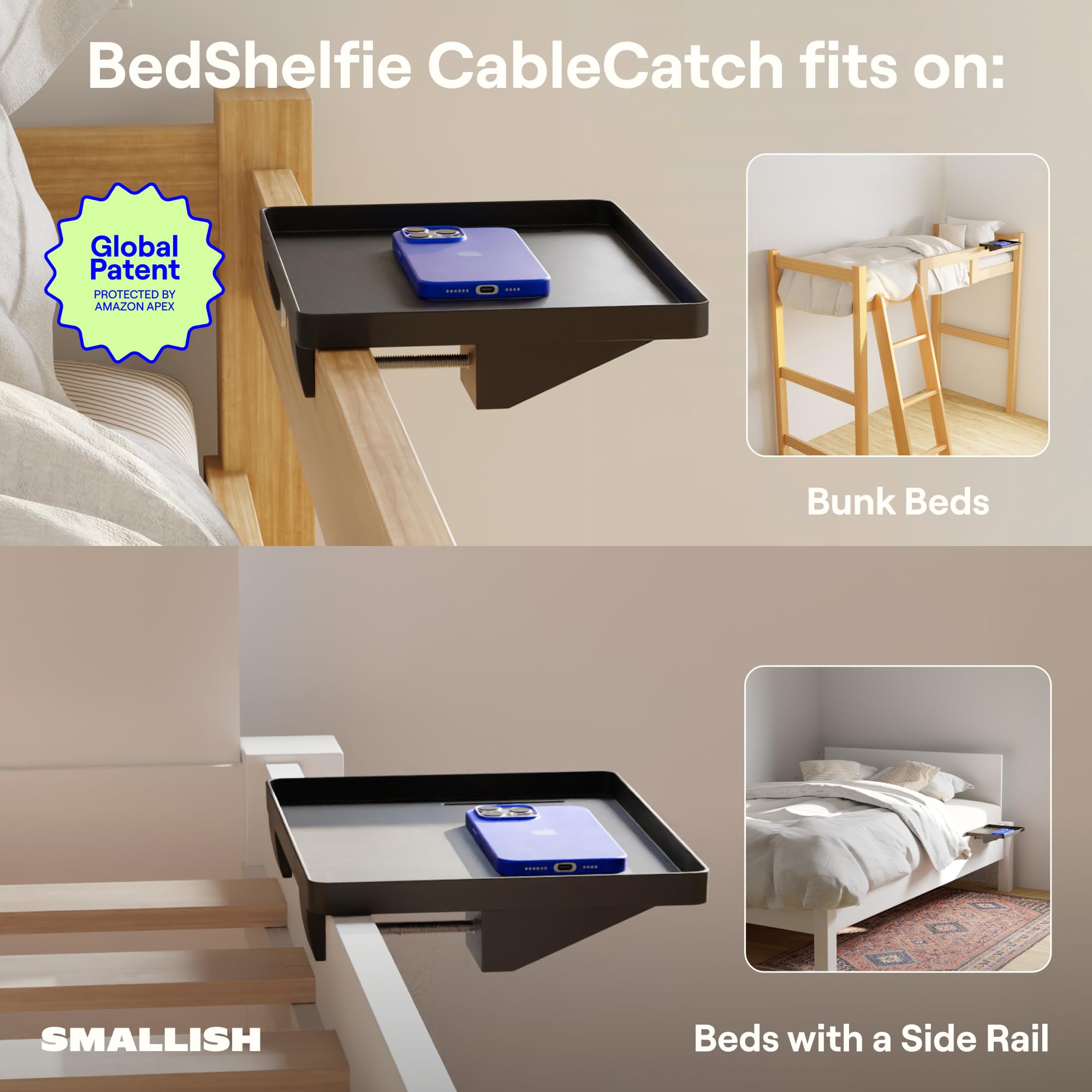 BedShelfie Essential bedside caddy with cup holder attached to a dorm bed rail.