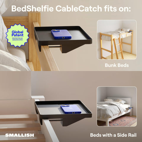 BedShelfie Essential bedside caddy with cup holder attached to a dorm bed rail.