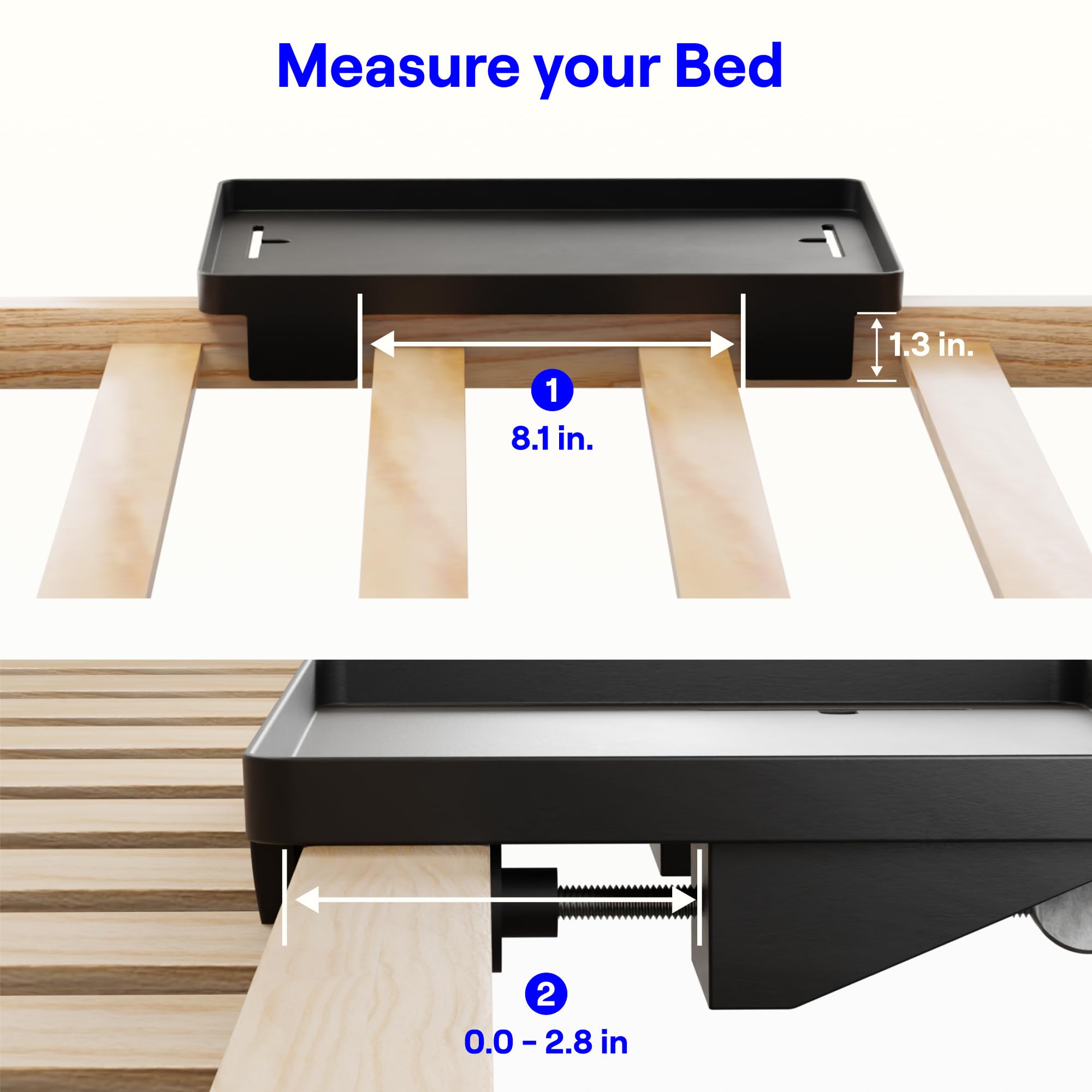 BedShelfie Plus hanging nightstand shown carrying a laptop and daily essentials.