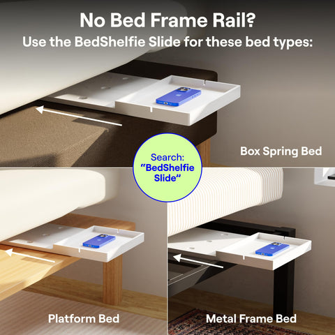 BedShelfie Slide under-mattress table attached to a box spring for quick surface.