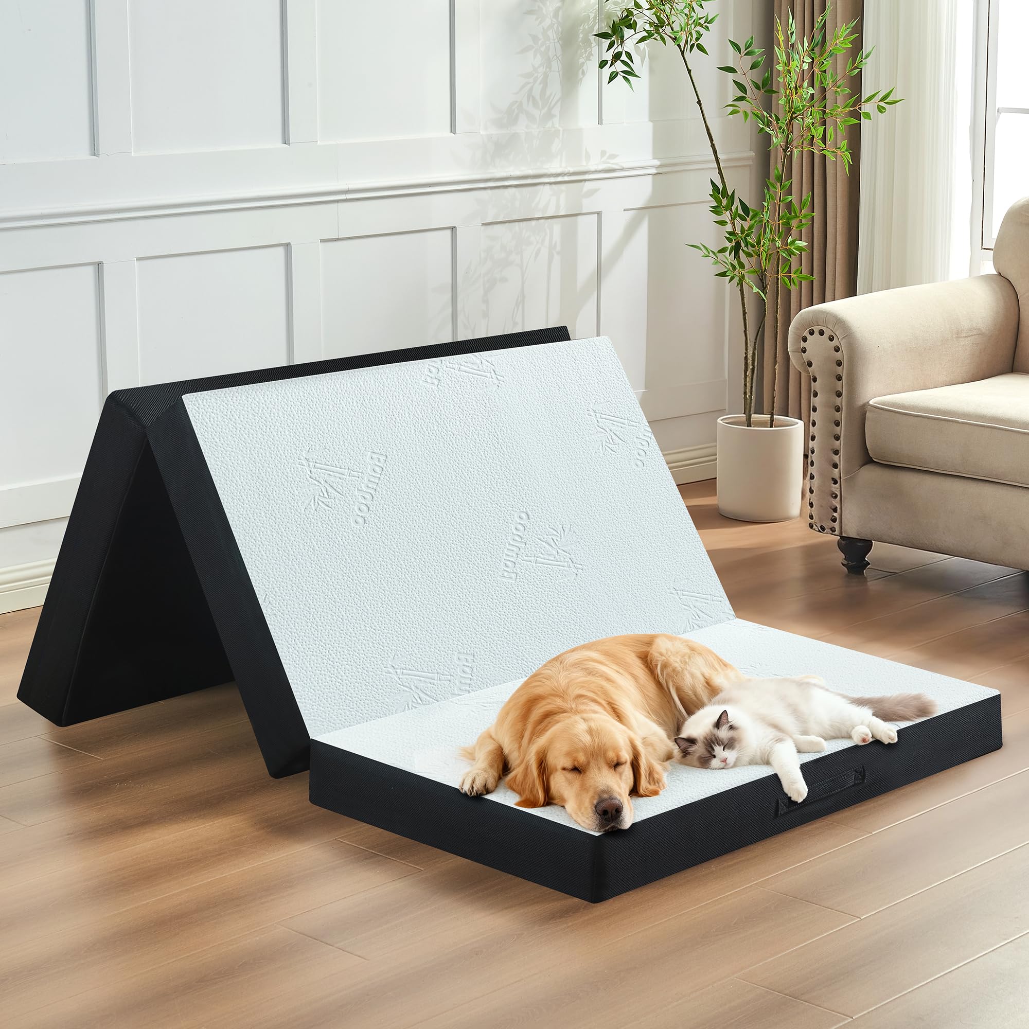 Bedsmile 4-inch tri-fold mattress top view showing sturdy support for guests and camping.