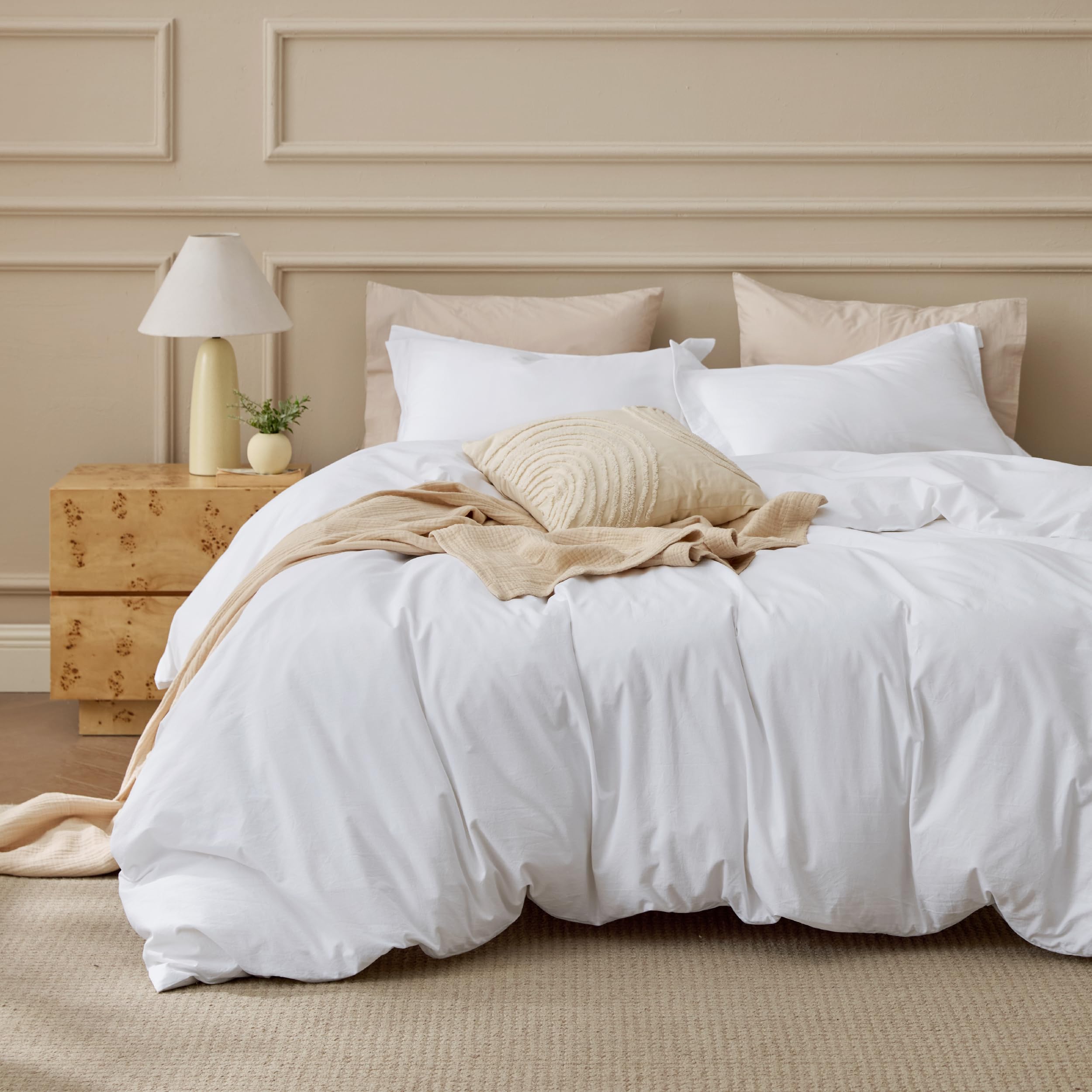 Bedsure 100% washed cotton duvet cover in bright white, breathable and soft for year-round comfort.