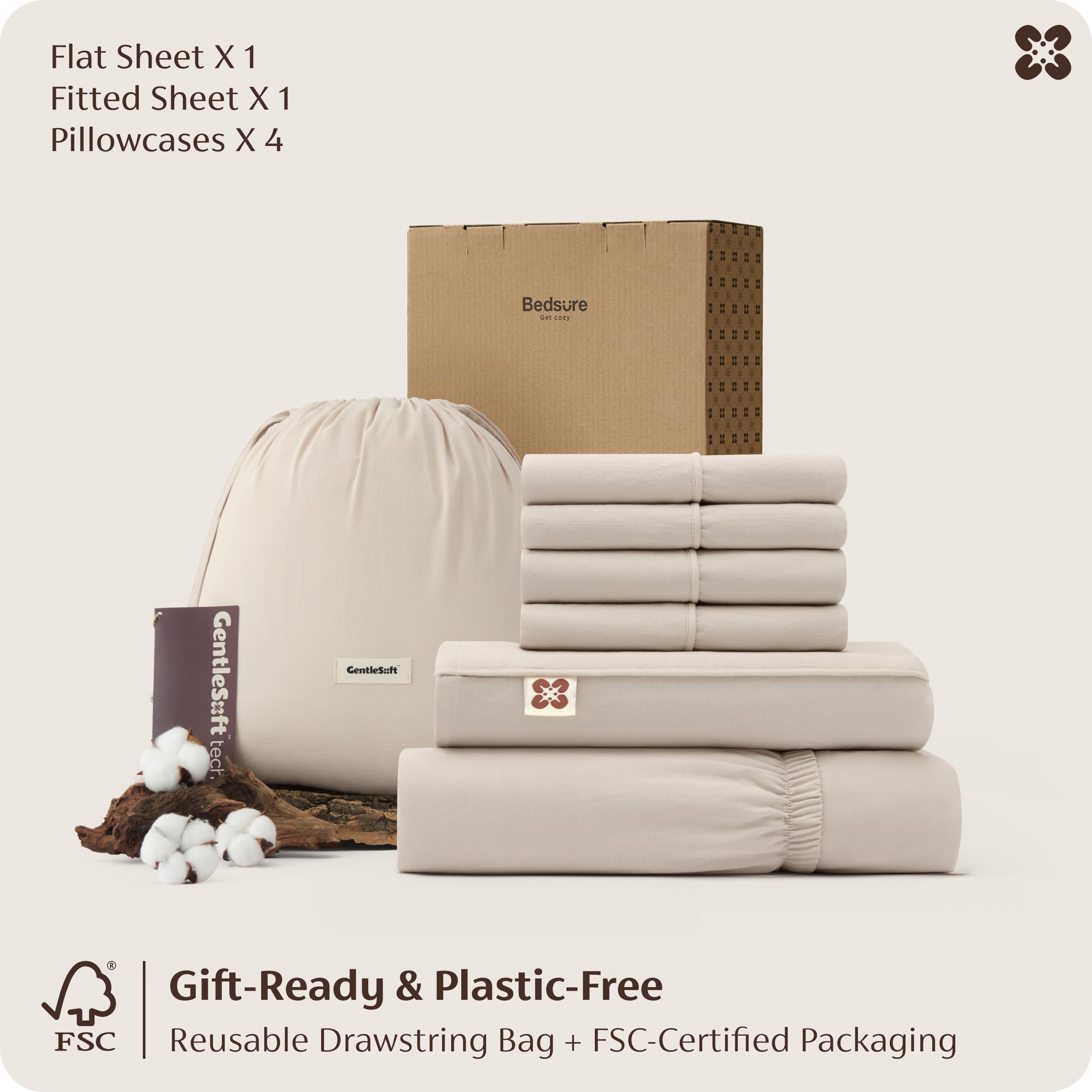 Bedsure 6-piece set includes flat sheet, fitted sheet, and four pillowcases.