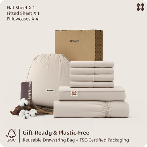 Bedsure 6-piece set includes flat sheet, fitted sheet, and four pillowcases.