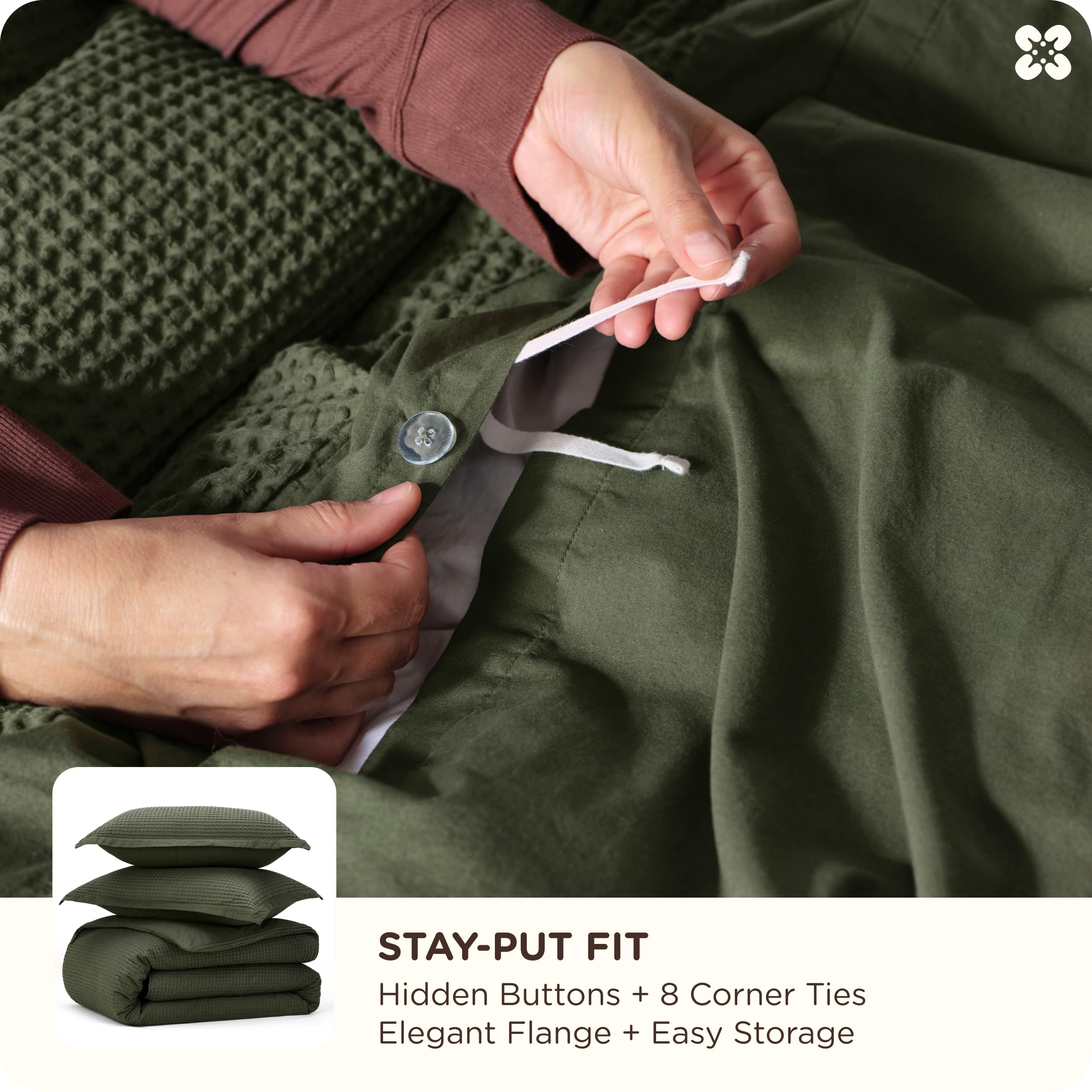 Bedsure duvet set shows 8 corner ties and hidden buttons