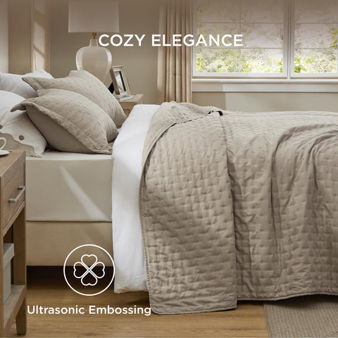 Bedsure 85gsm brushed polyester shell close-up highlights breathable, durable fabric for year-round comfort