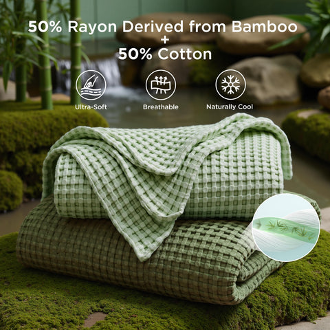 Bedsure bamboo-rayon blend blanket in sage green, ideal for summer moisture control.