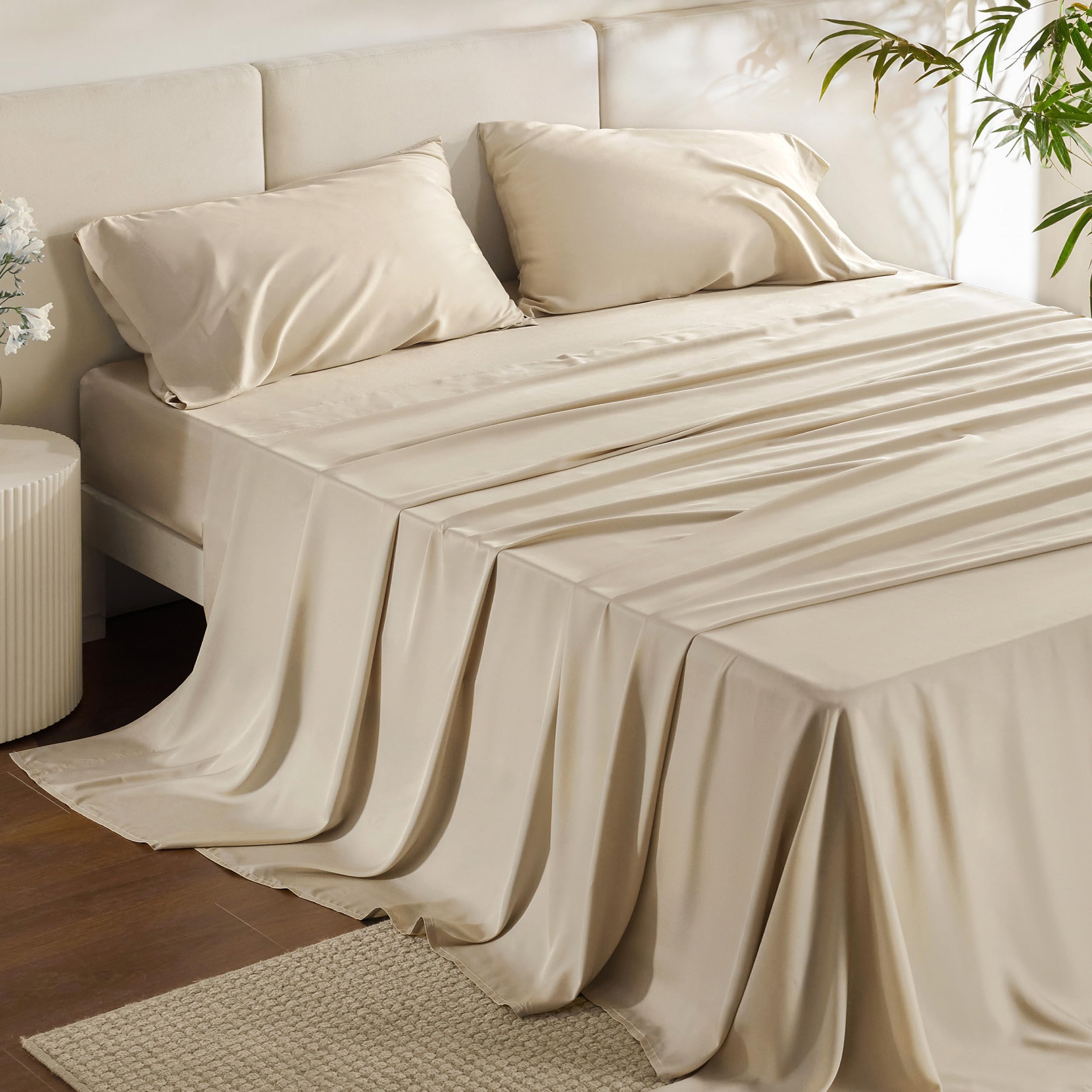 Bedsure king size flat sheet in beige for cool, silky nights.
