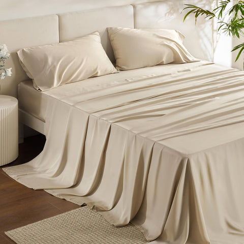 Bedsure king size flat sheet in beige for cool, silky nights.