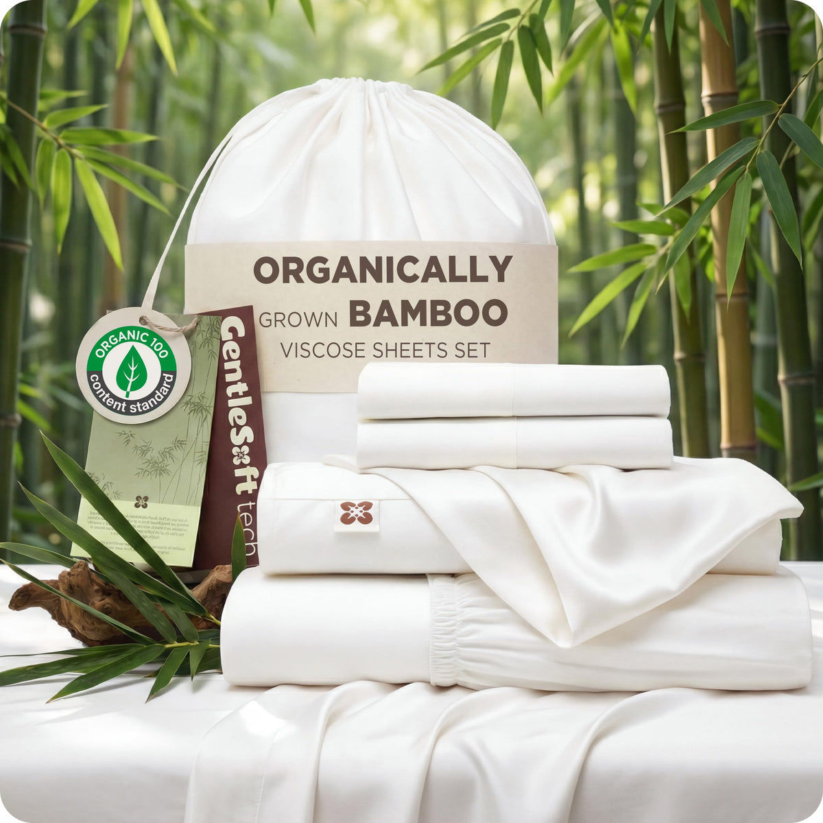 Bedsure bamboo viscose queen sheet set packaging emphasizes eco-friendly materials and premium presentation.