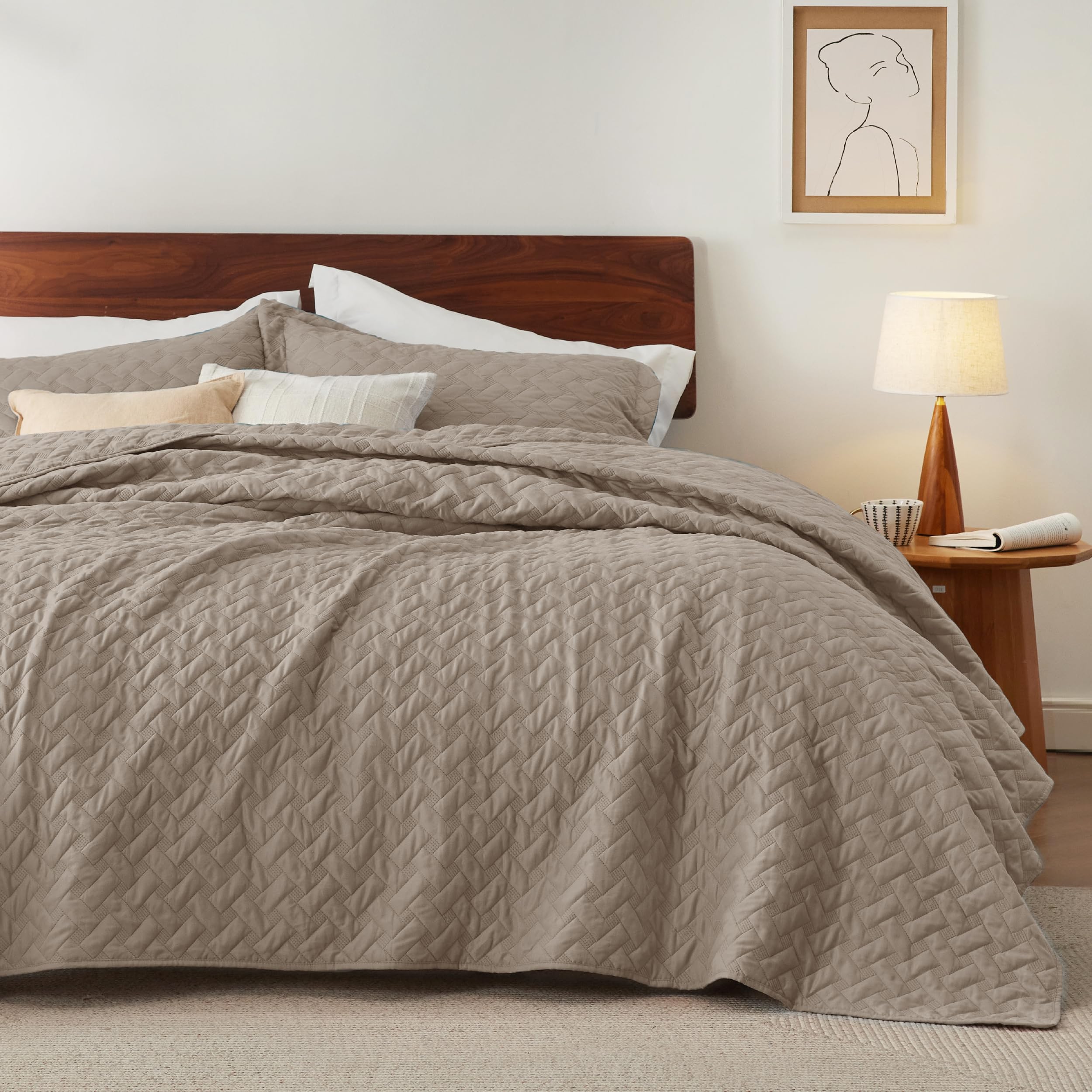 Bedsure basket weave pattern king quilt on a bed, adding elegant texture