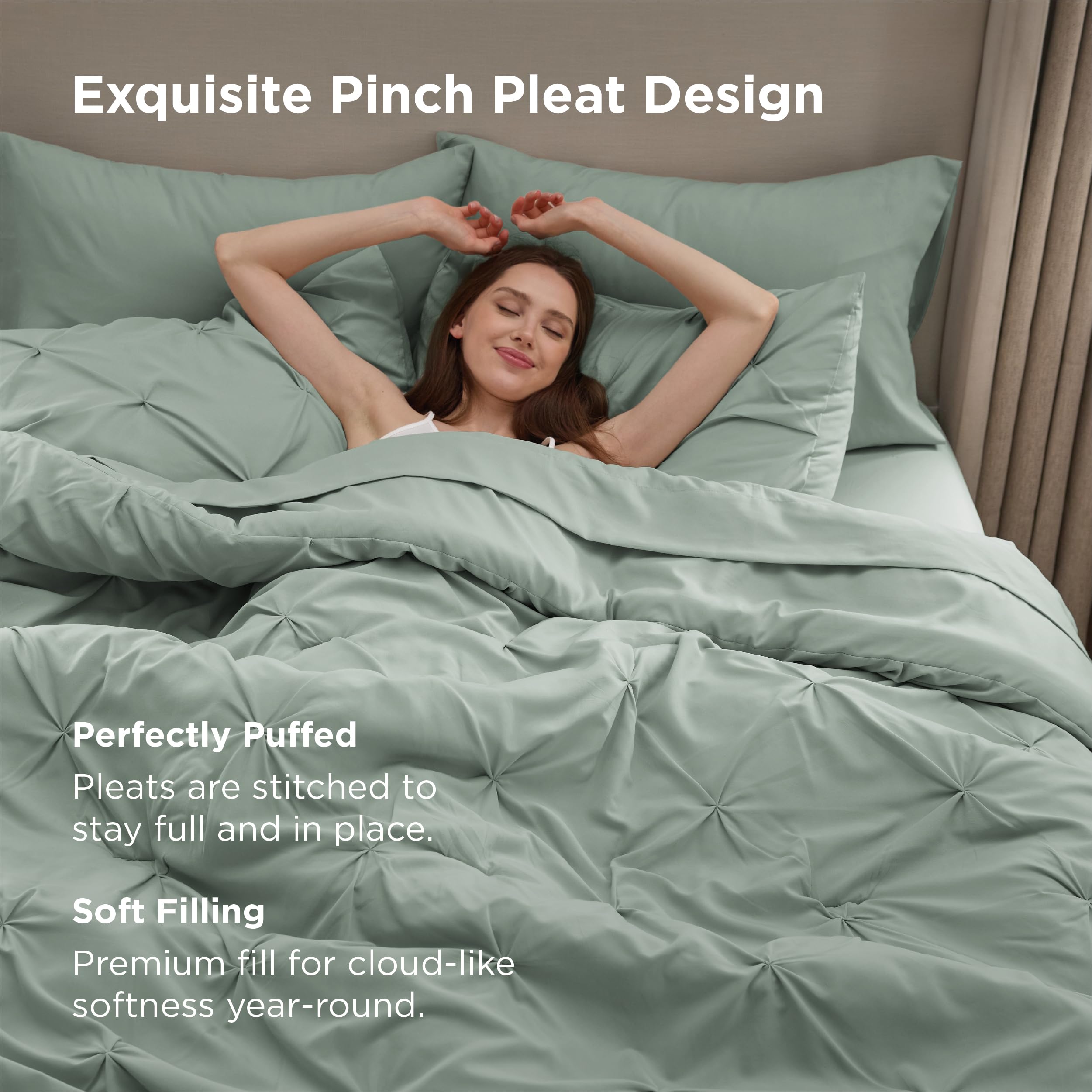 Bedsure bed-in-a-bag 7-piece set in sage green for instant bedroom luxury.