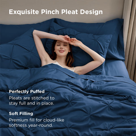 Bedsure bed-in-a-bag queen navy sheets and shams offer a complete, easy-to-make bed.