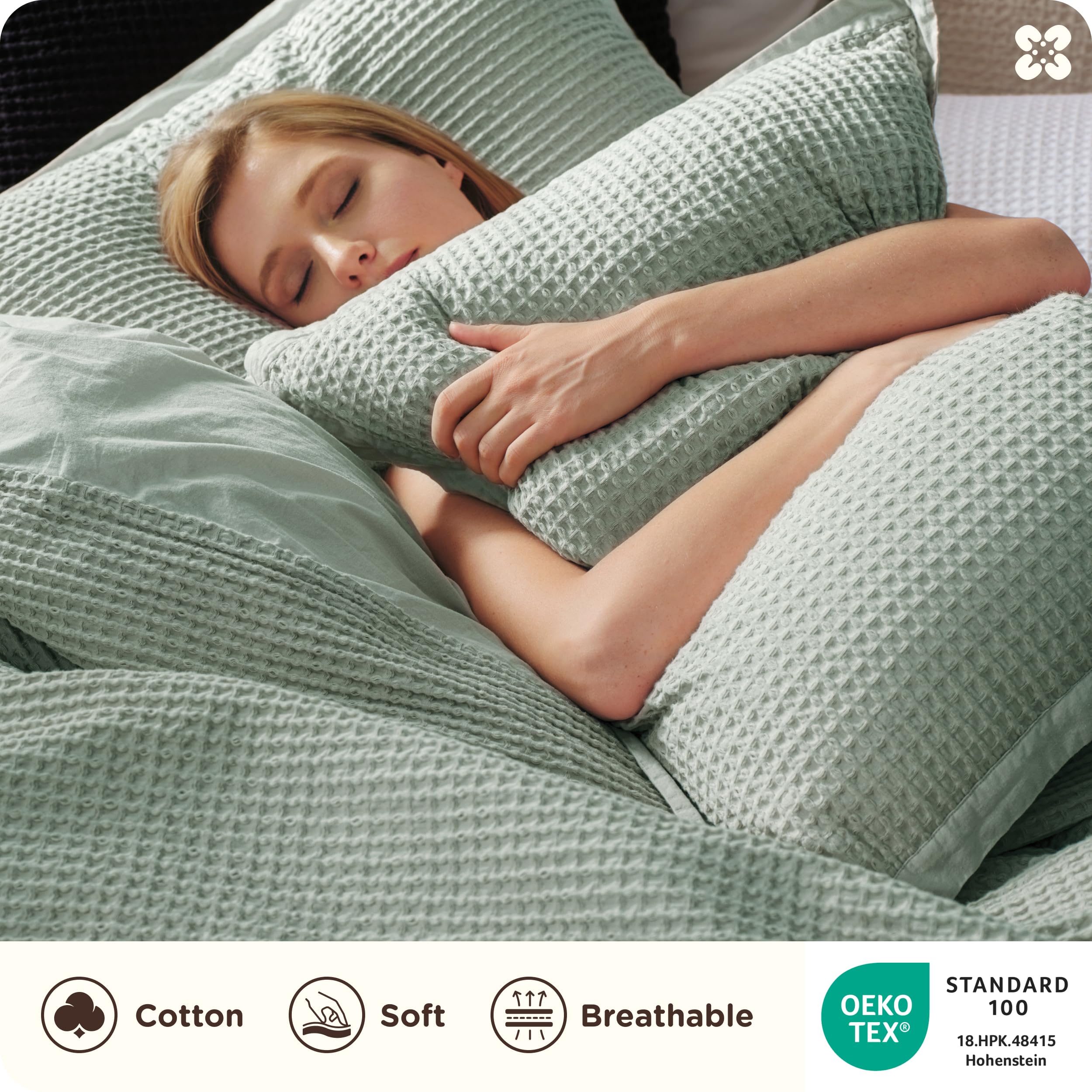 Bedsure sage green bedding set emphasizes natural softness and easy care.