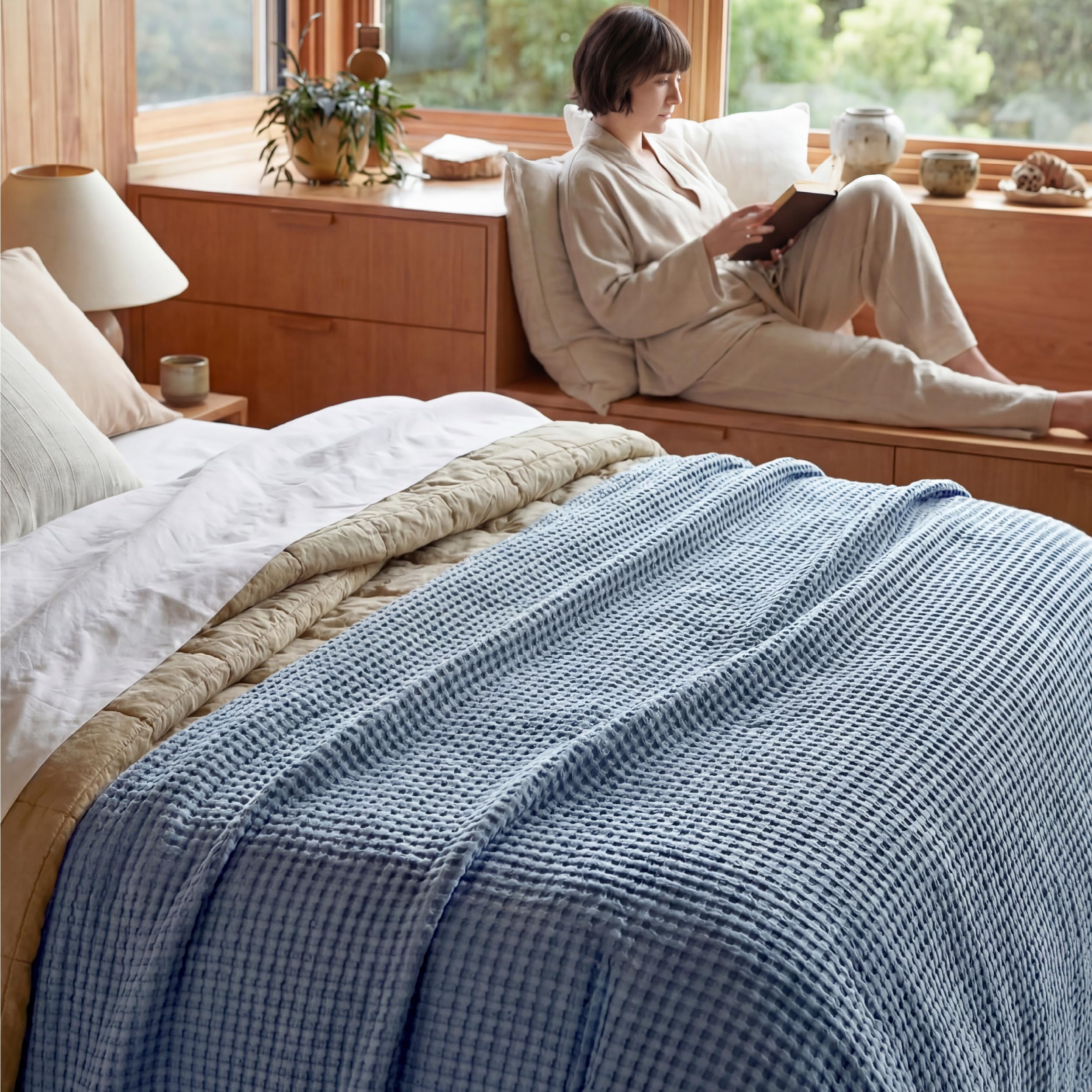Bedsure bedroom decor with vintage waffle texture and style.